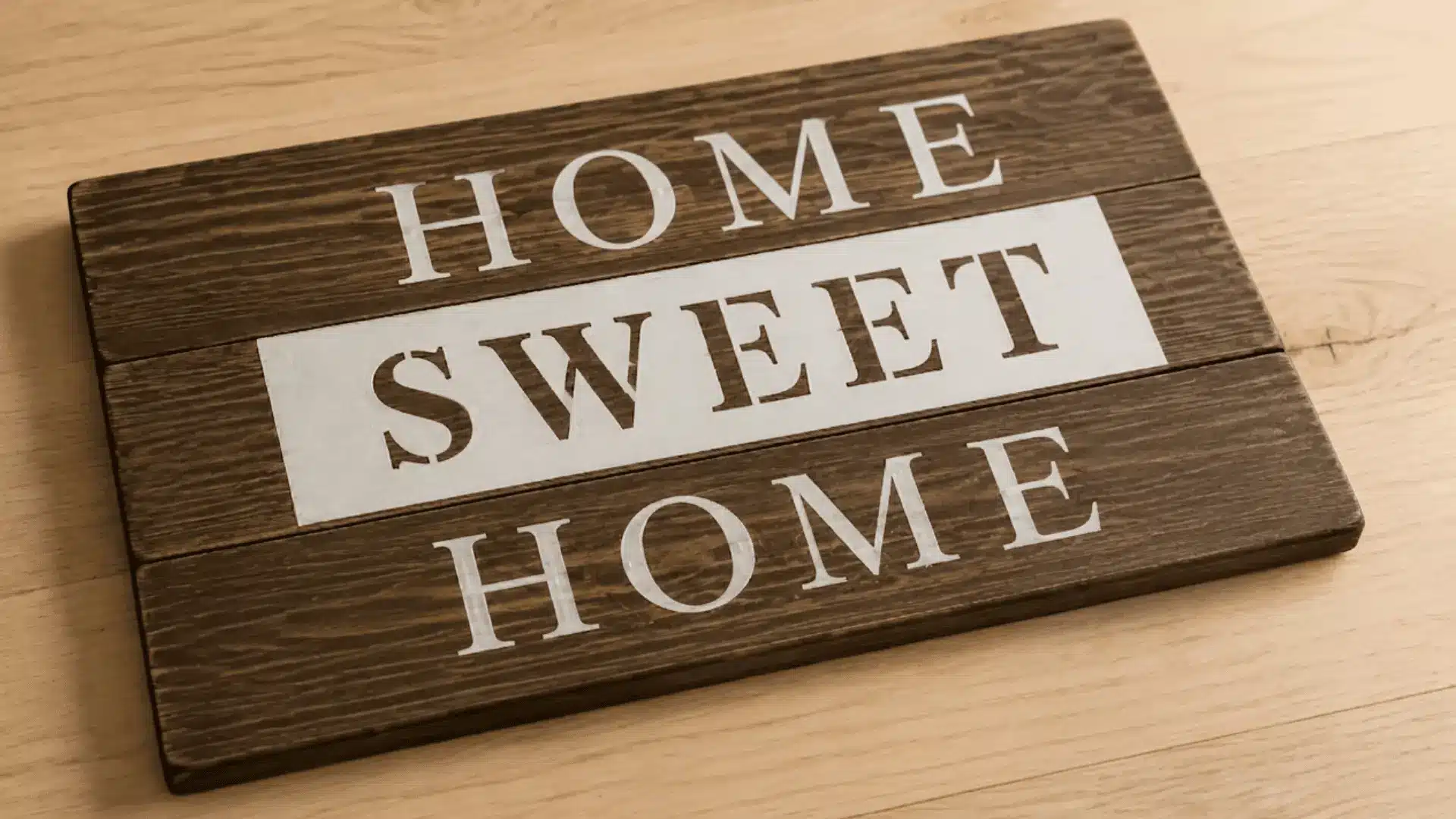 A wooden sign with the words HOME SWEET HOME stenciled in white on a dark-stained wooden surface, placed on a light wooden table