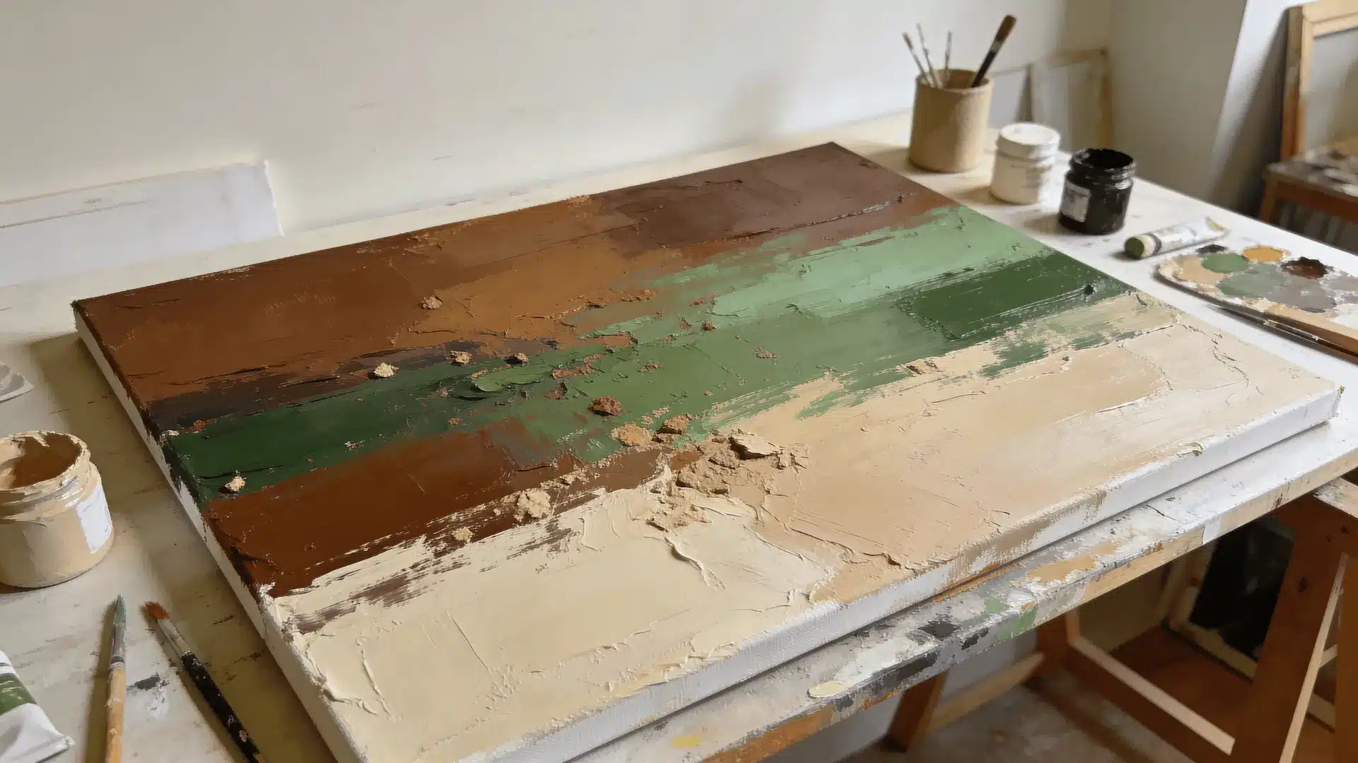 Abstract artwork in earth tones with textured paint and layered surface on a clean workspace
