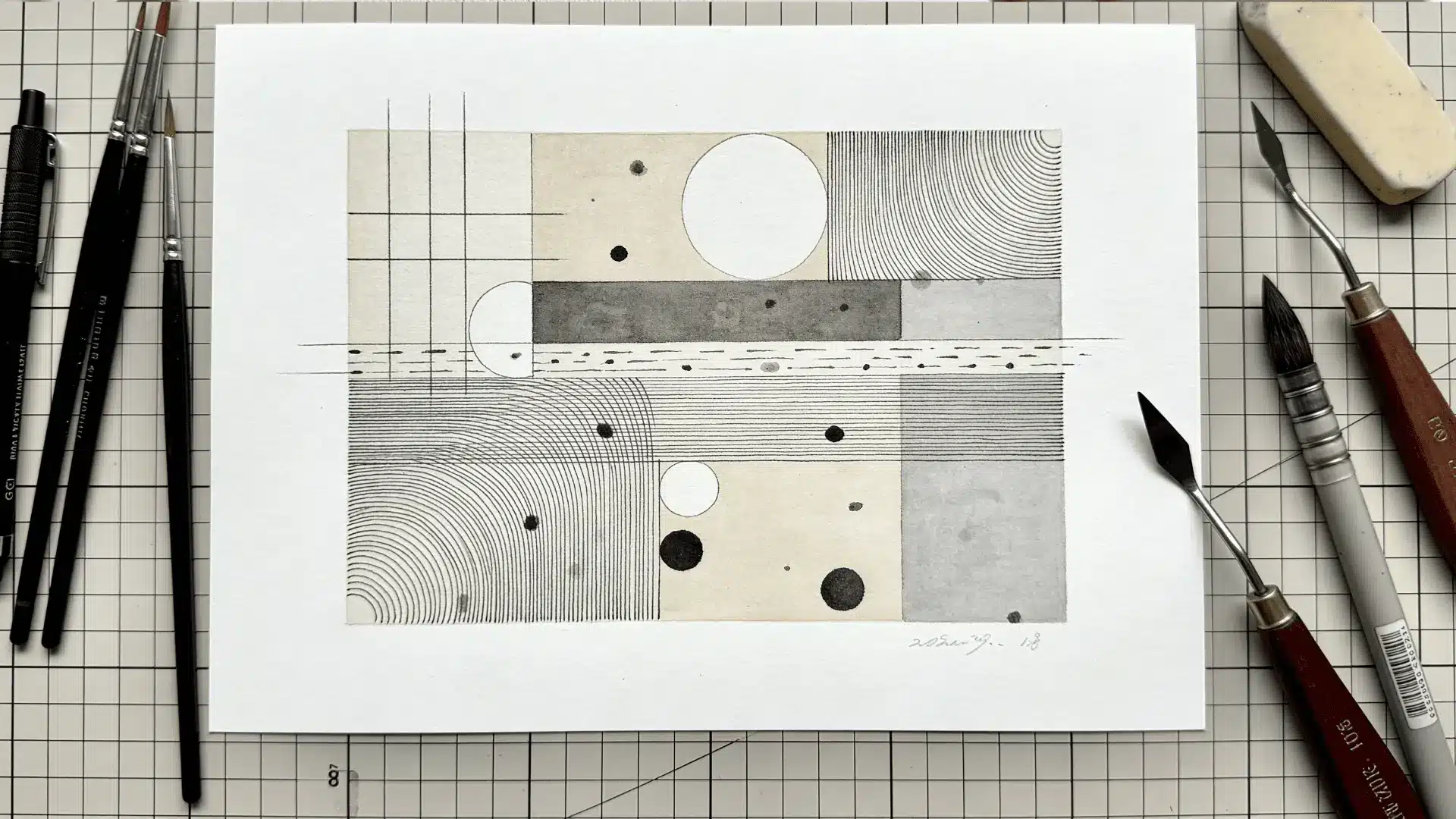 Abstract artwork with layered lines marks and shapes created using different tools on a flat surface