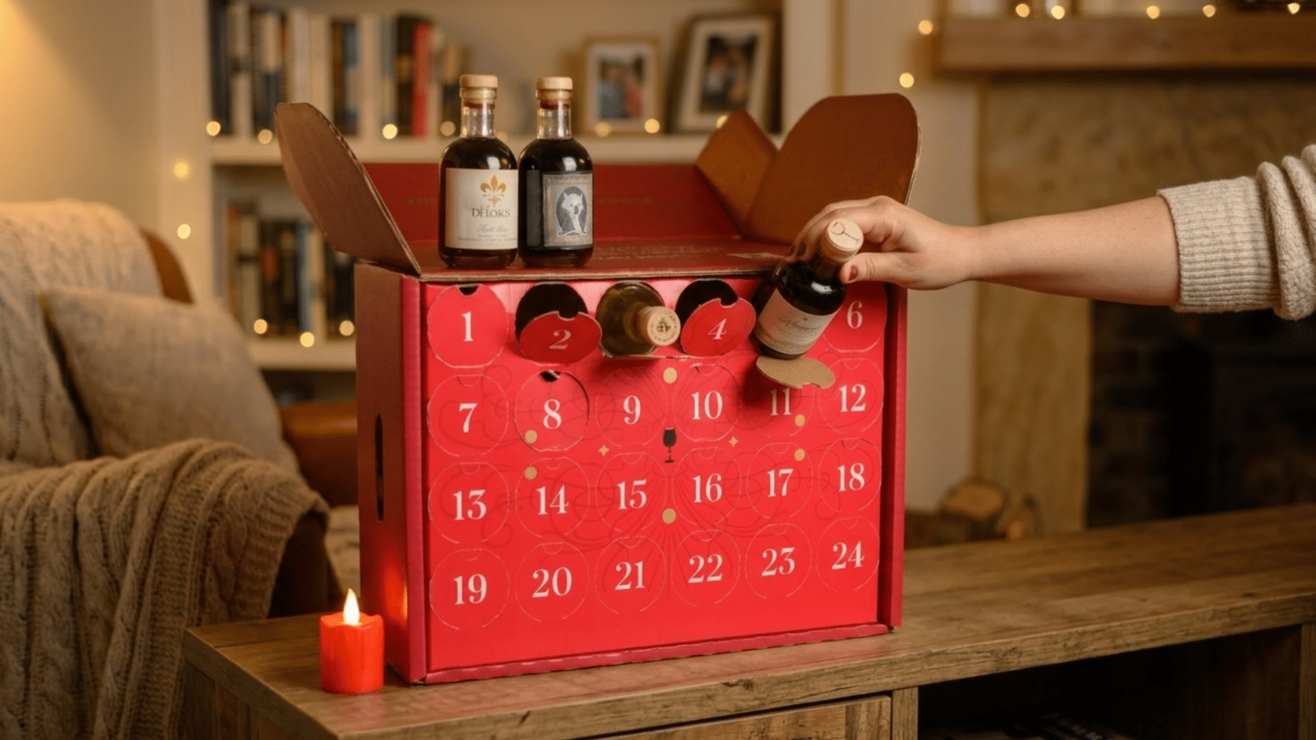 adult cocktail advent calendar with mini alcohol bottles, festive drink mixers, and cozy christmas holiday decor