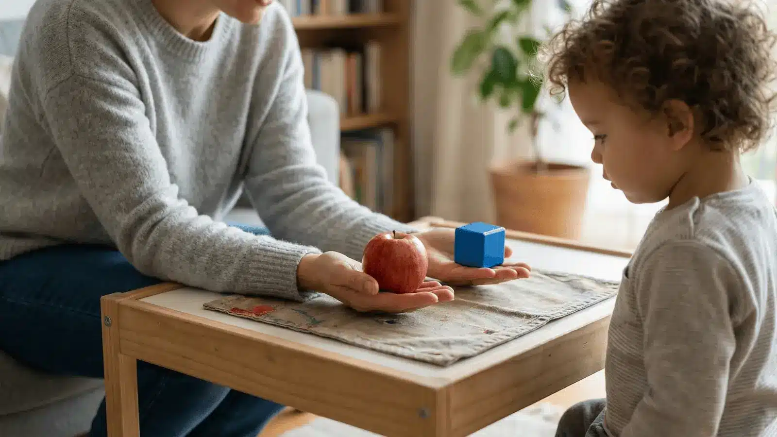 Adult showing two simple options to a child indoors