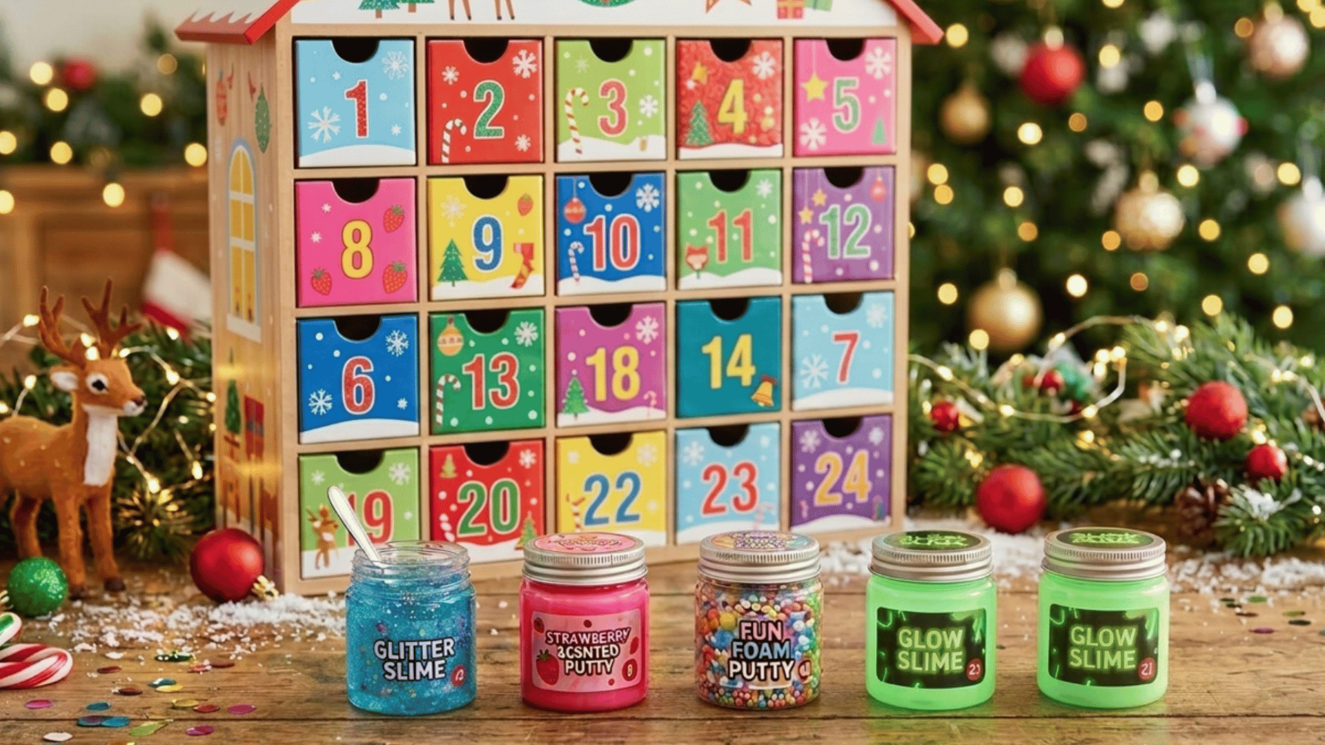 advent calendar with colorful slime jars, festive christmas decor, and glowing holiday lights on wooden table
