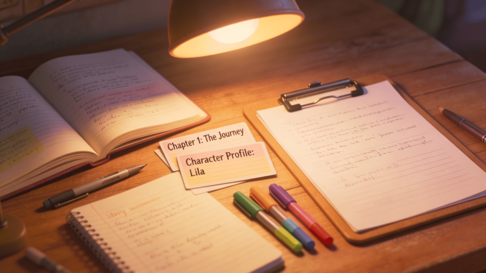 alternate ending writing station with open notebooks clipboards pens story summary cards and a warm glowing desk lamp