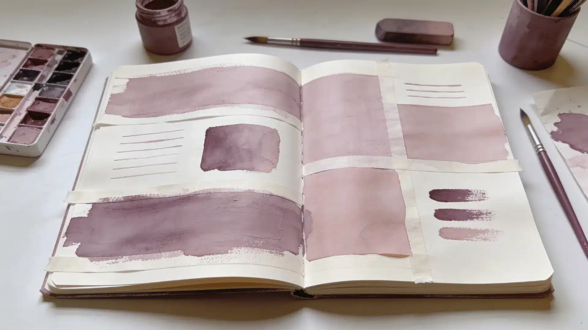 Art journal page using one color with layered paint paper and simple marks on a clean workspace
