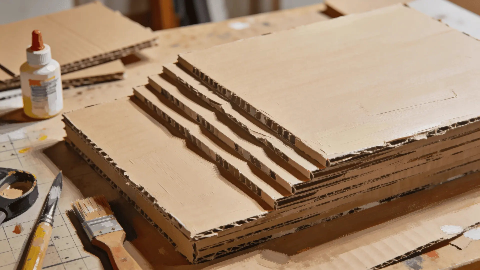 Artwork with stacked cardboard layers painted over showing depth and shadow on a flat surface