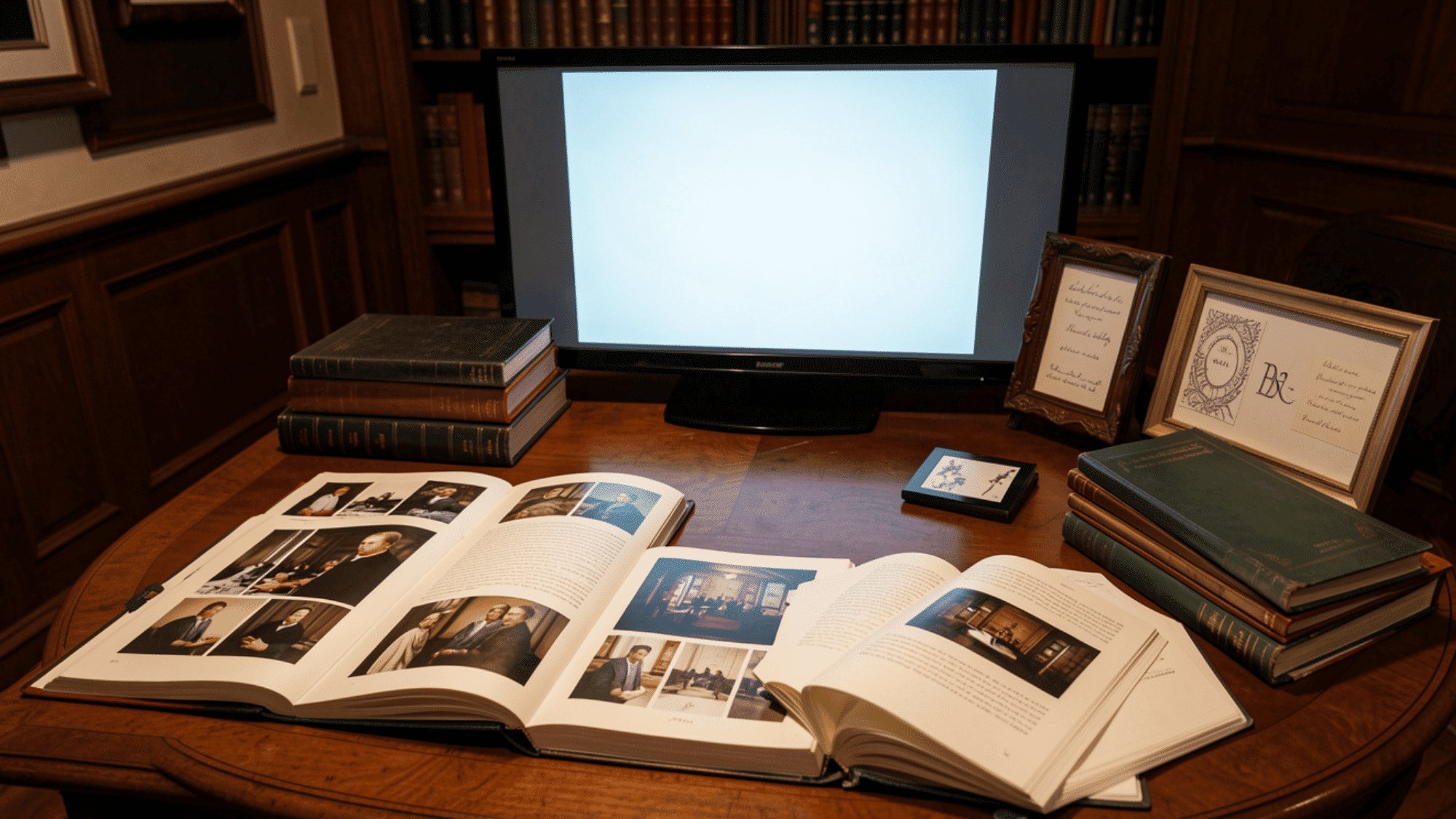 author spotlight table with printed photos open notebooks framed quote cards stacked books and a projector in soft warm light