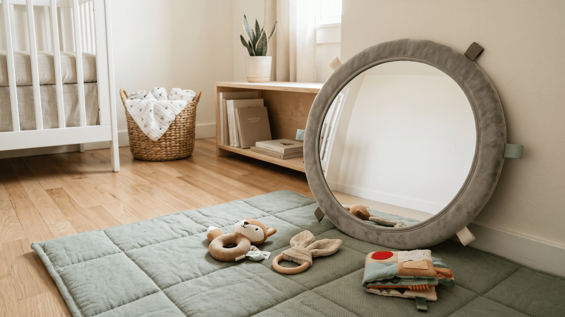baby-safe floor mirror placed on a soft play mat with sensory toys nearby