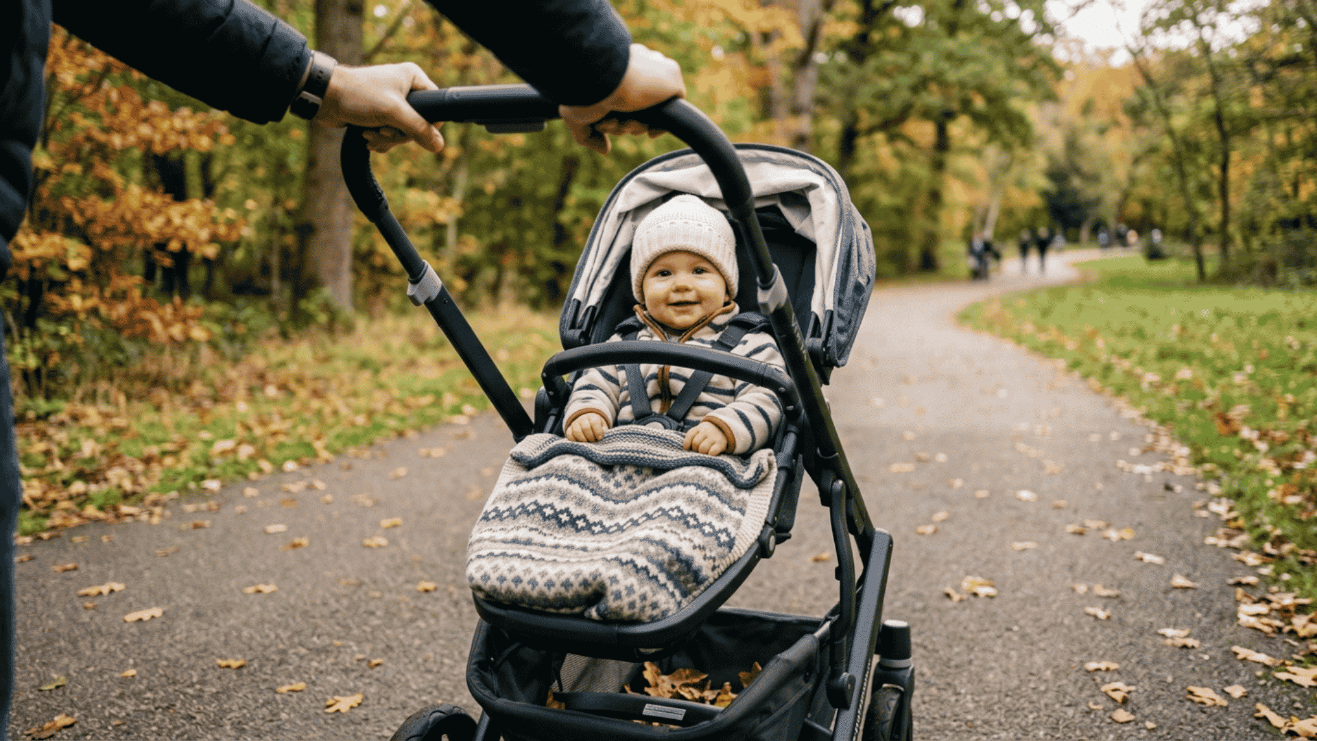 baby sitting in stroller with small blanket over lap and parent hands pushing stroller outdoors