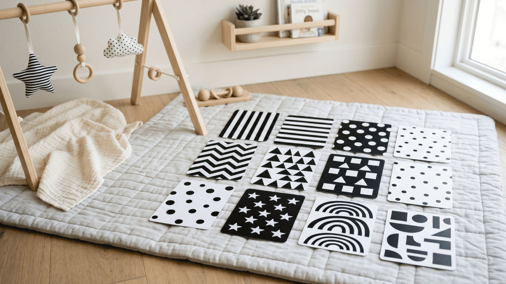 black and white contrast cards arranged beside a soft newborn play area (1)