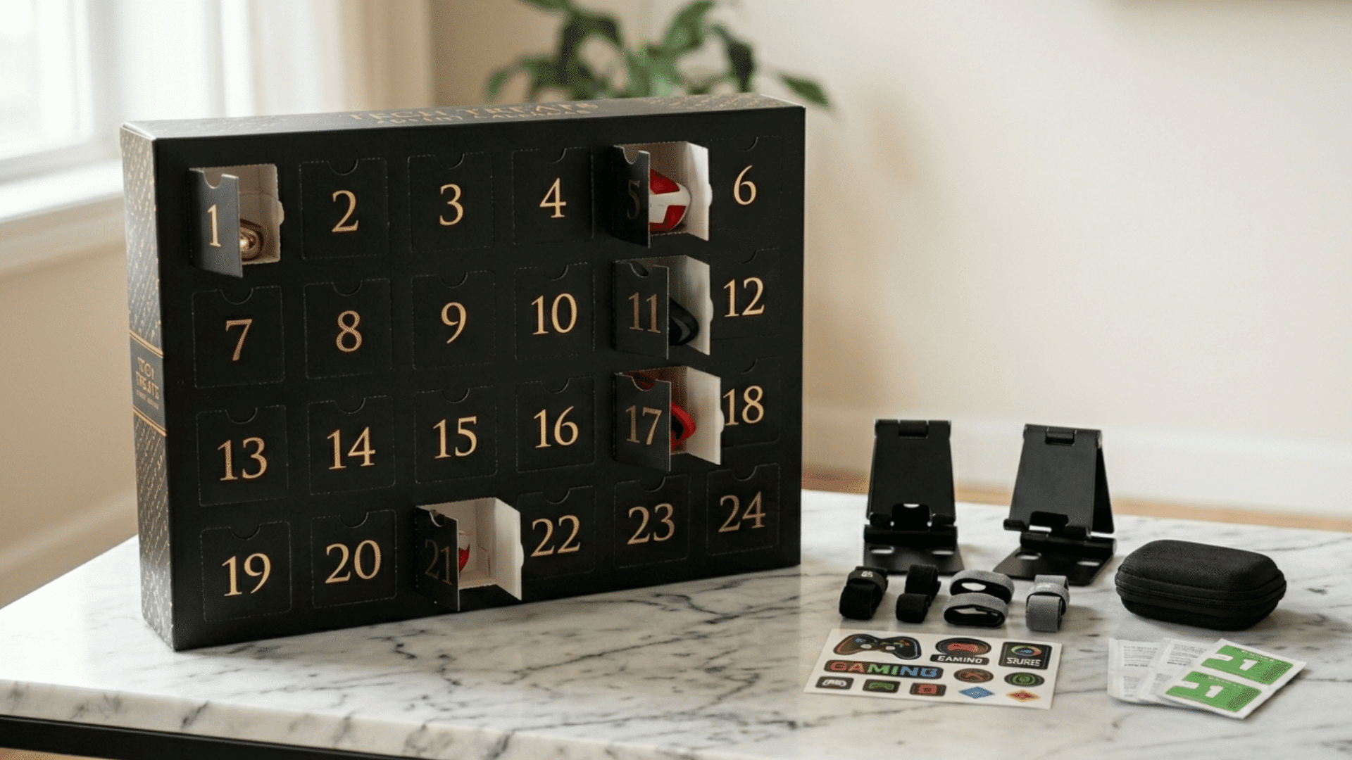 black tech advent calendar with gaming accessories, phone gadgets, and modern holiday gift setup indoors