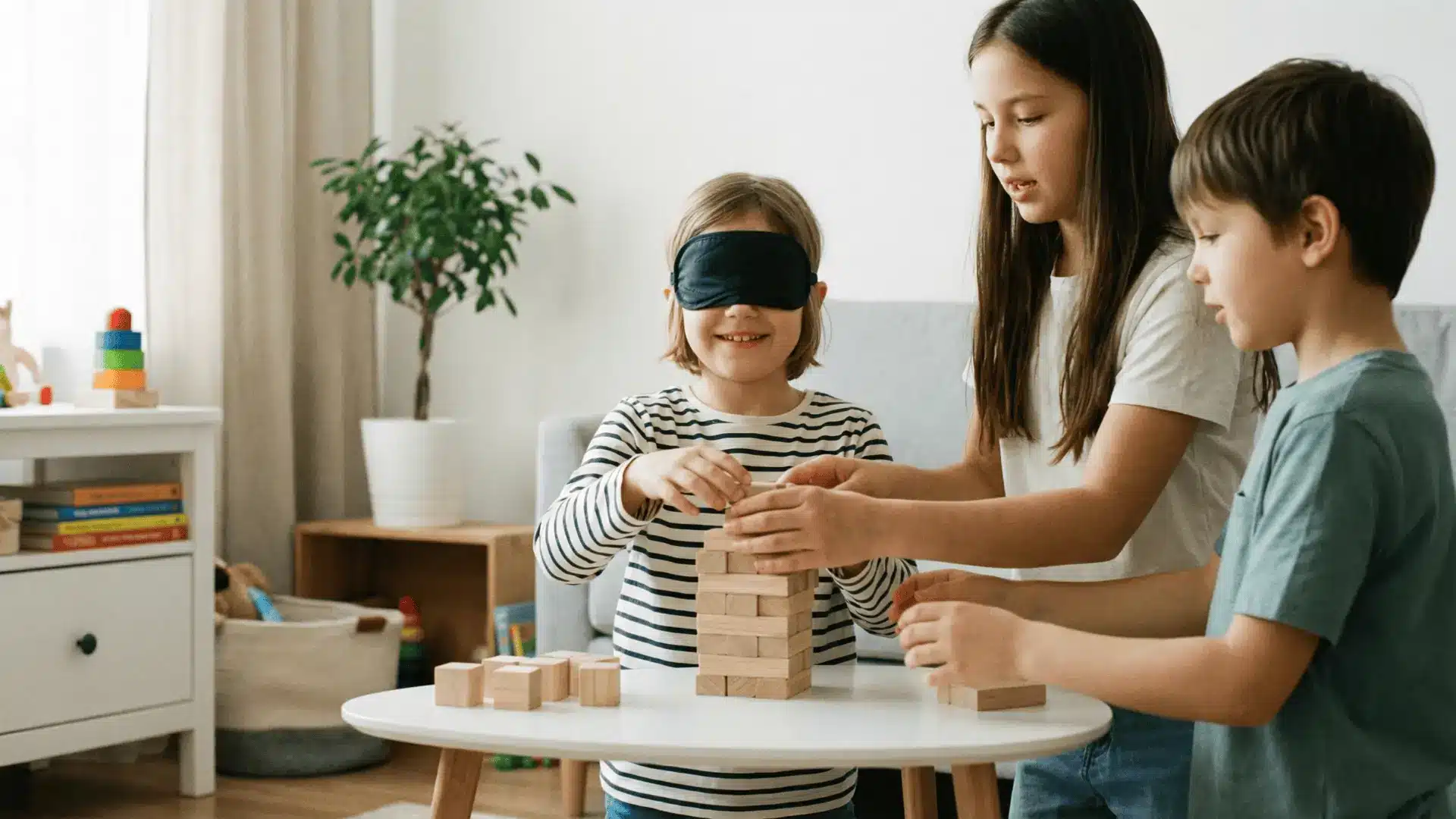 Blindfolded child building with guidance from teammates
