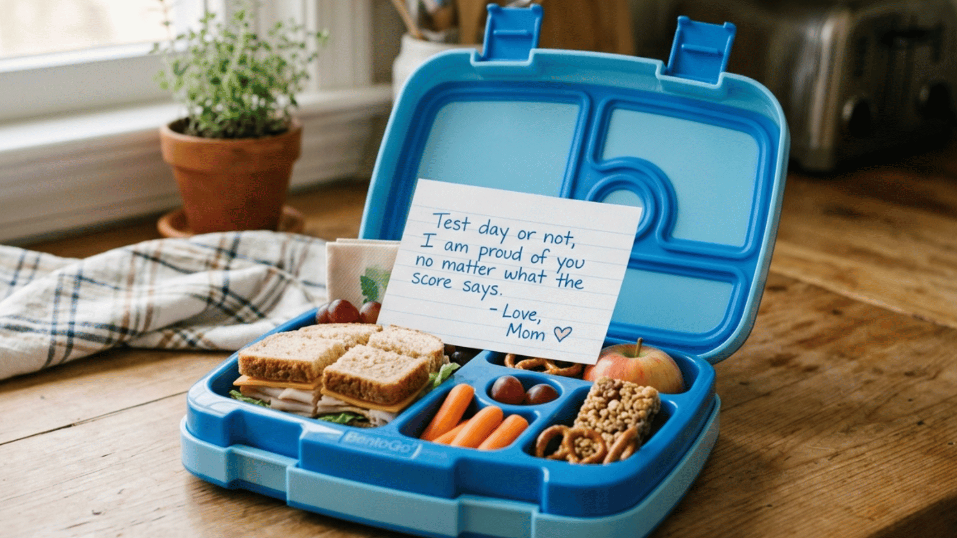 blue lunch box with healthy snacks and a cute handwritten sticky note on a wooden table