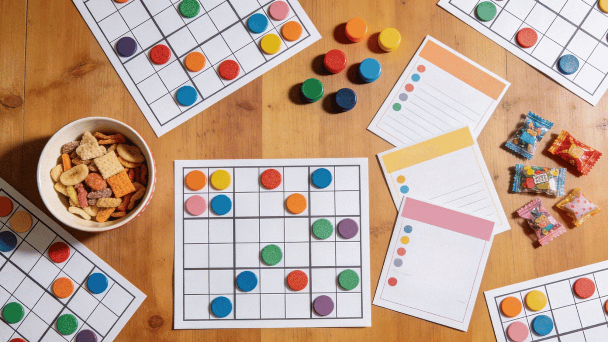 book club bingo flat lay with printed cards colorful dot markers snack bowl and small reward prizes on a wooden table