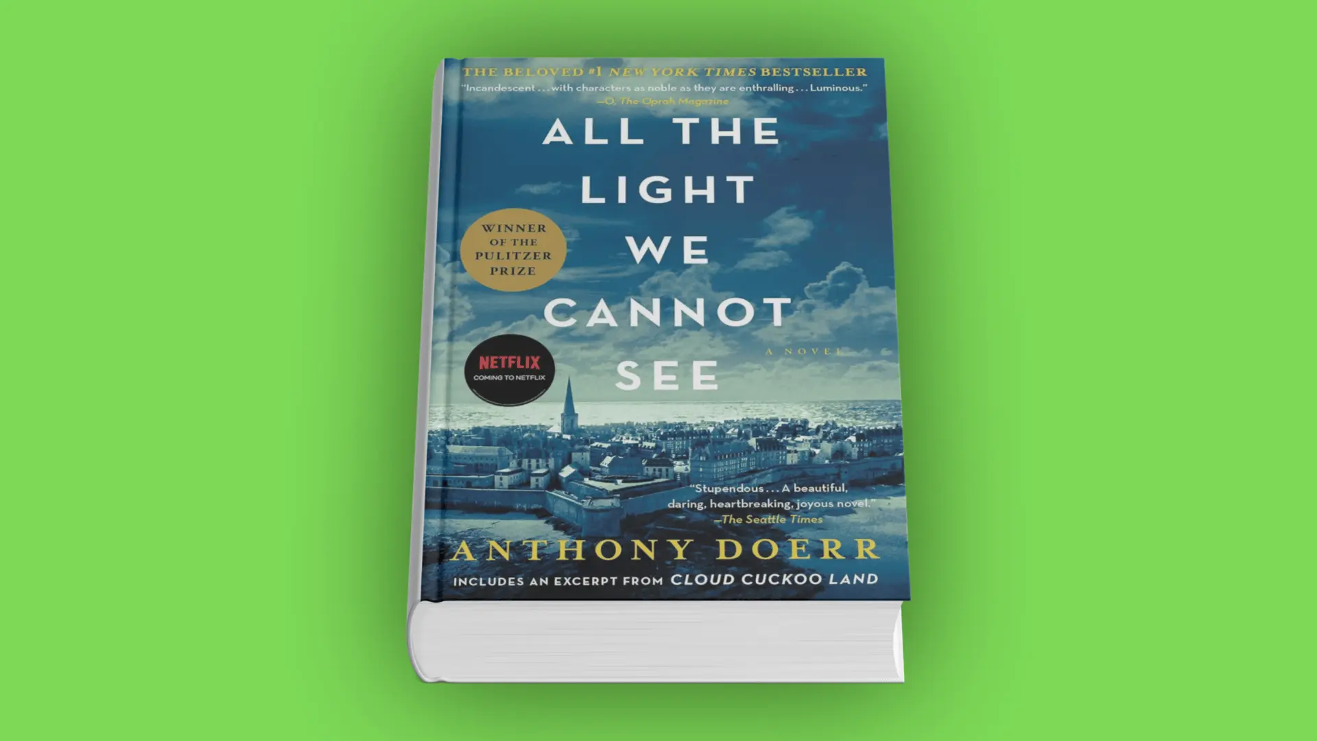 Book cover of All the Light We Cannot See by Anthony Doerr with coastal town, blue sky, and award badges