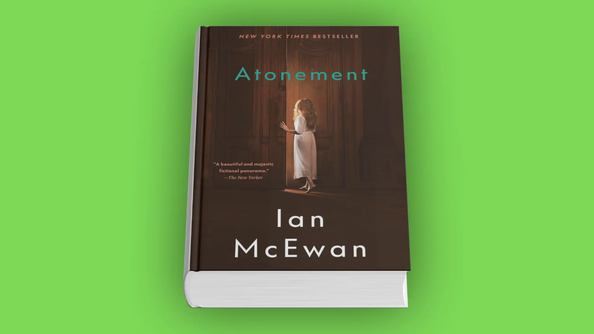 Book cover of Atonement by Ian McEwan with a girl opening a large wooden door in dim light