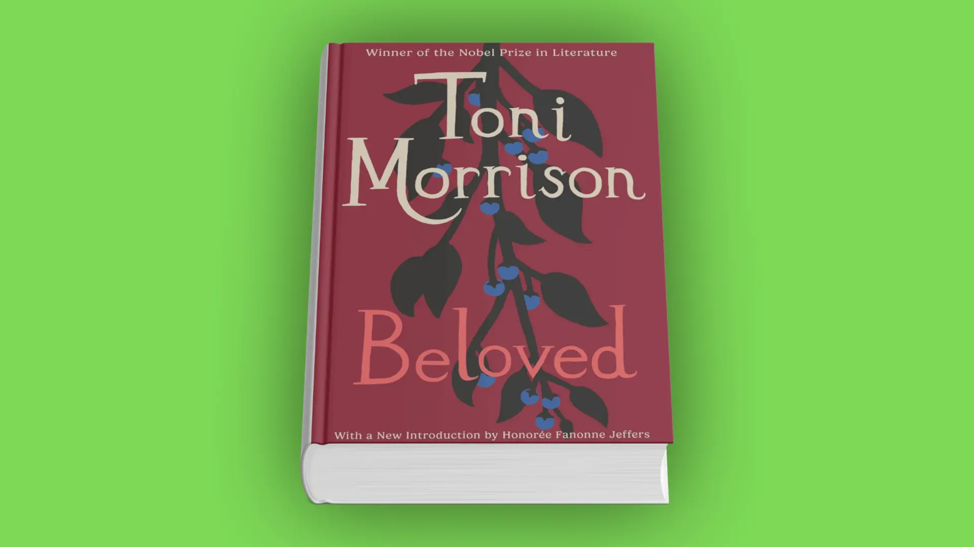 Book cover of Beloved by Toni Morrison with black branches and blue berries on a red background