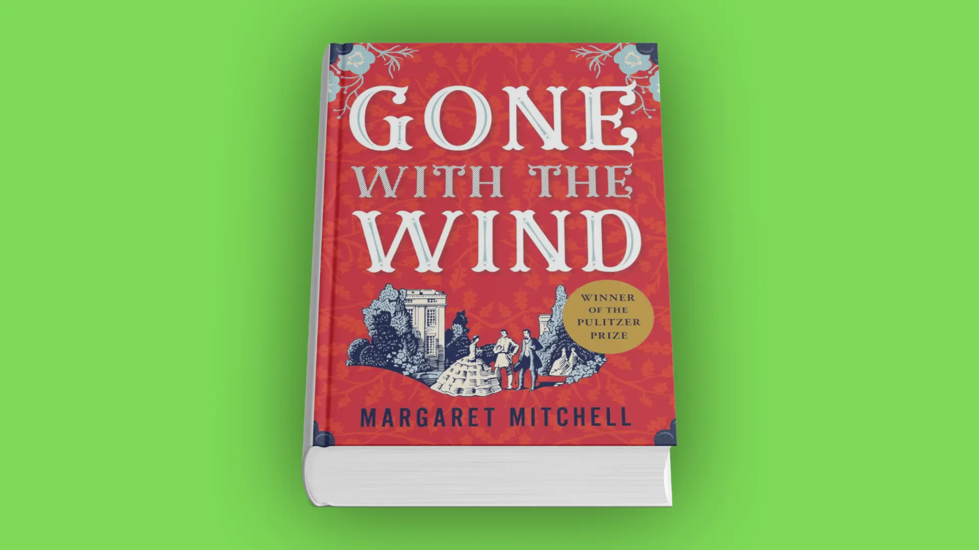 Book cover of Gone with the Wind by Margaret Mitchell with red patterned background and vintage illustration of figures near a mansion