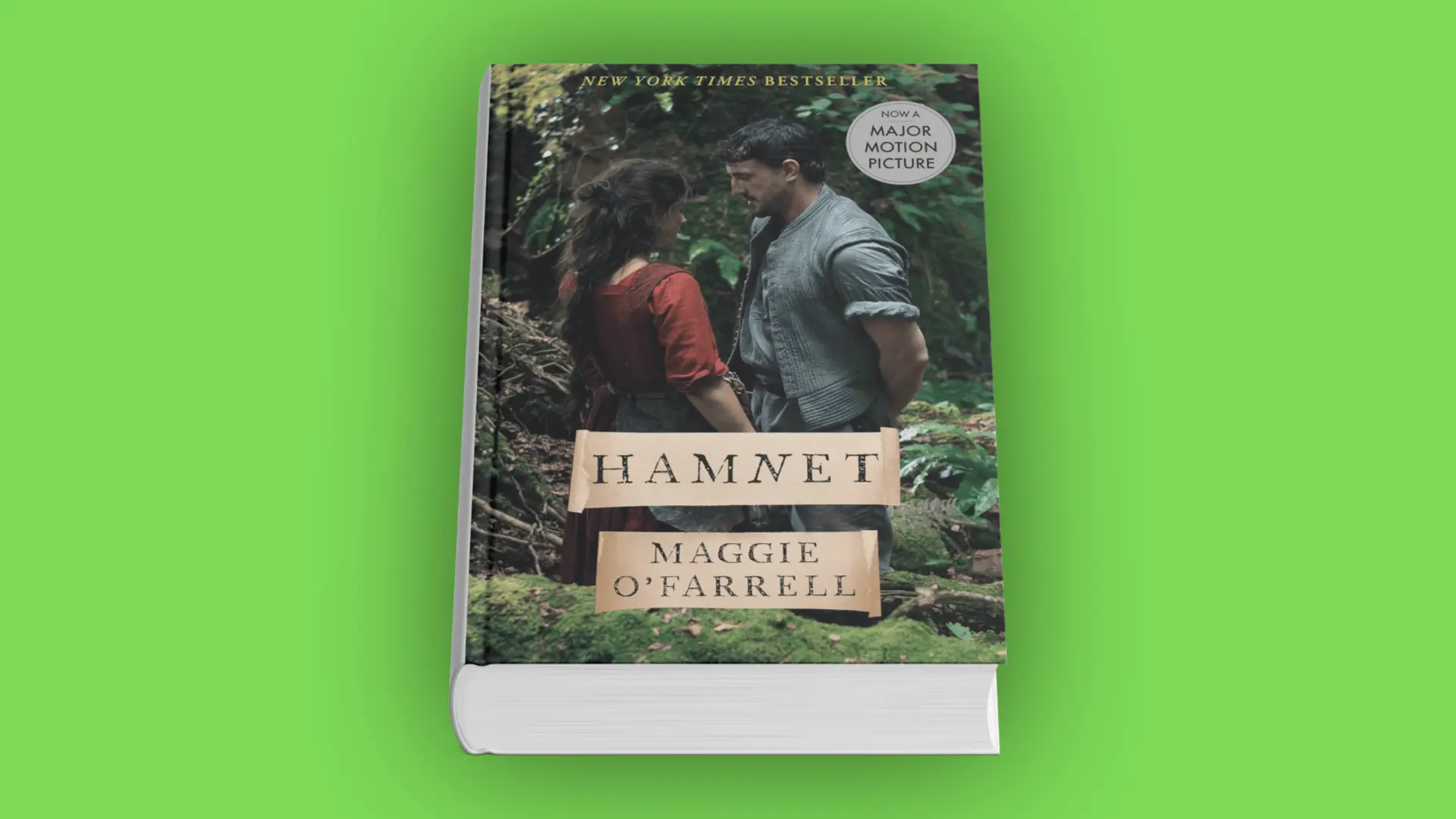 Book cover of Hamnet by Maggie O’Farrell with a couple standing close in a forest setting