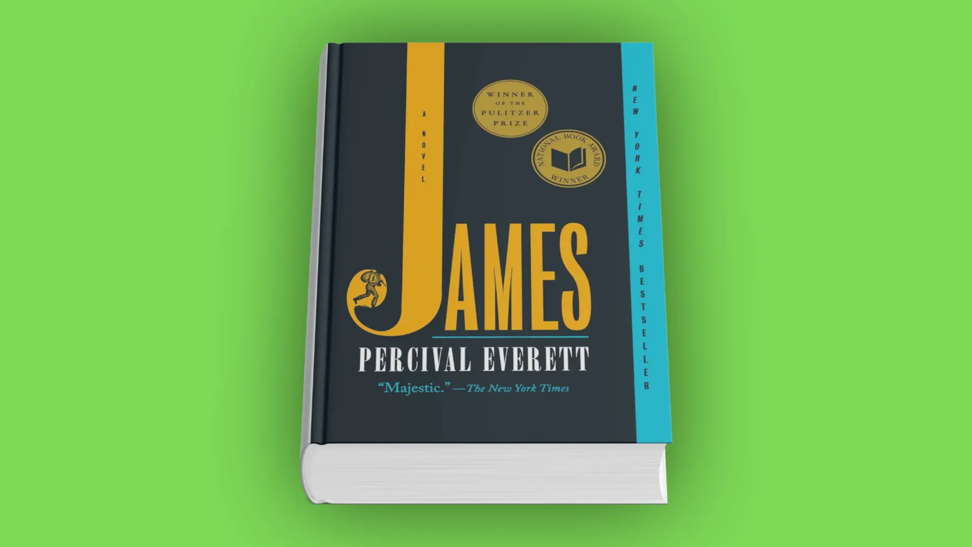 Book cover of James by Percival Everett with bold yellow title on dark background and teal spine