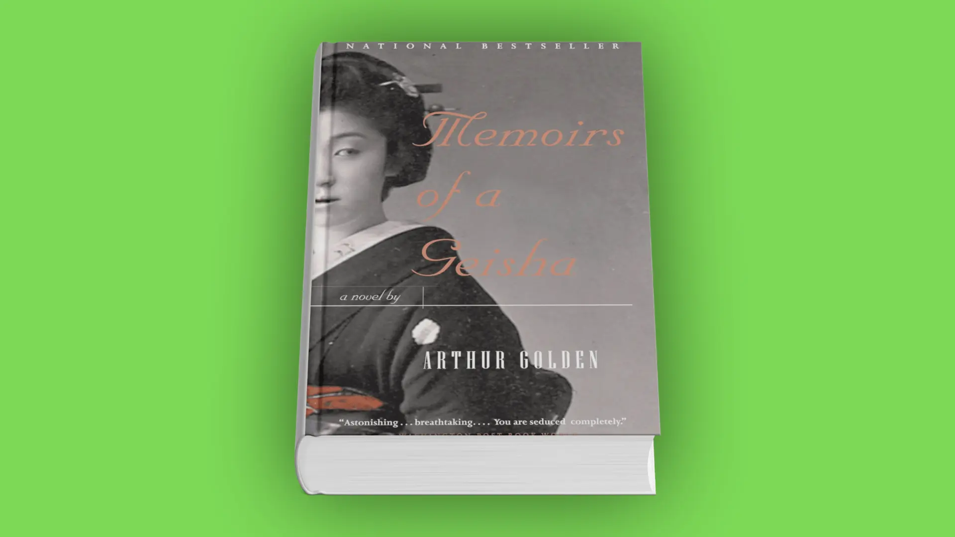 Book cover of Memoirs of a Geisha by Arthur Golden with a geisha portrait on a muted background