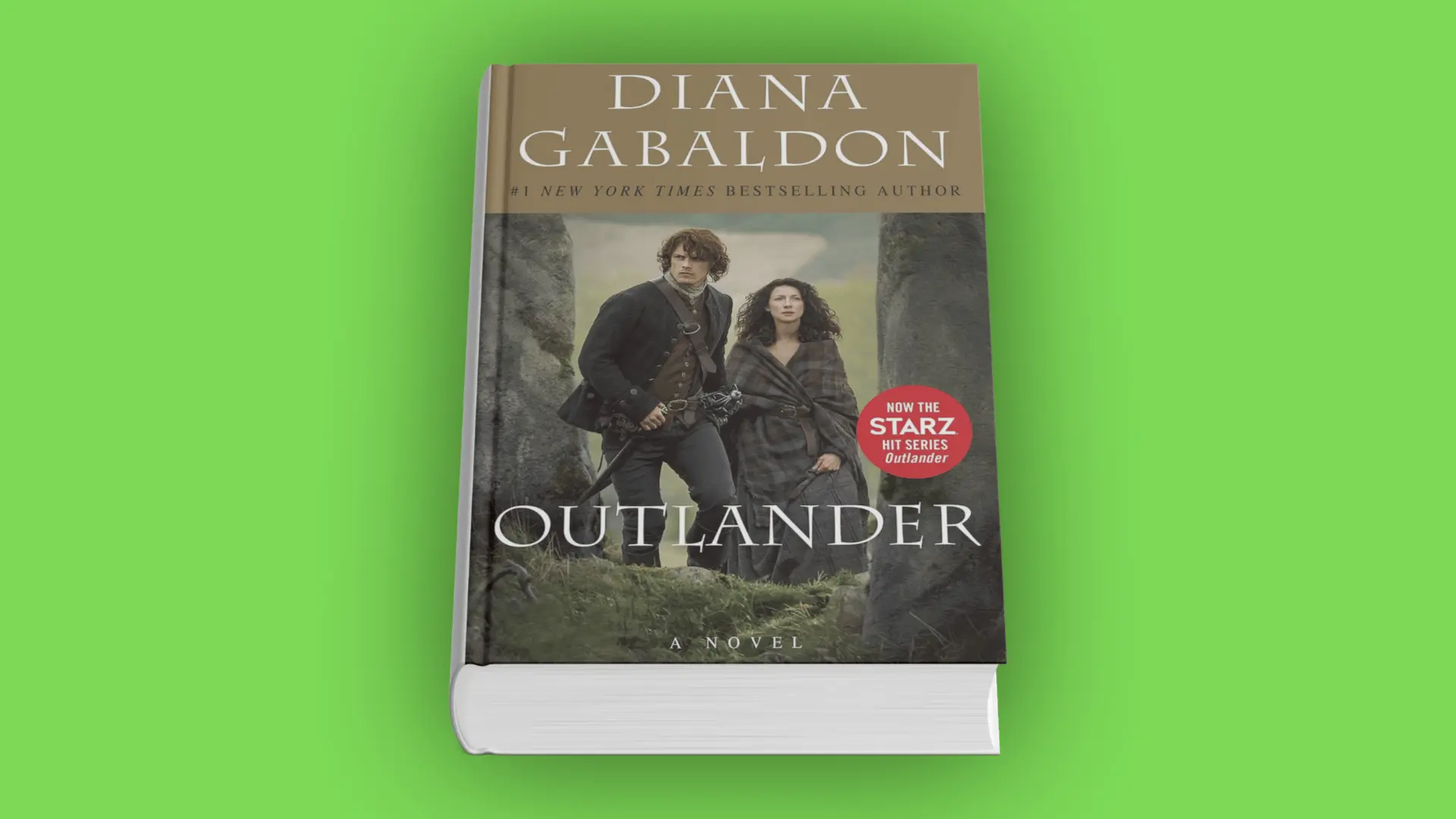 Book cover of Outlander by Diana Gabaldon with a man and woman standing among stone circles in a landscape