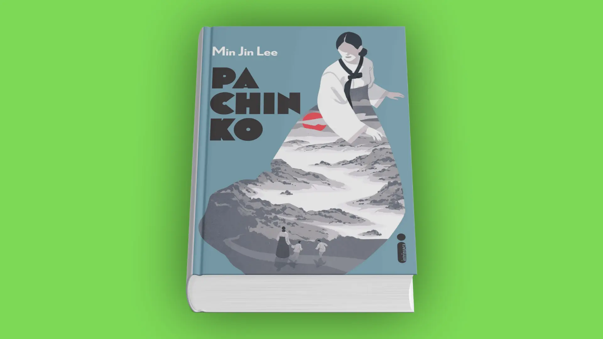 Book cover of Pachinko by Min Jin Lee with a woman in traditional dress over a mountain landscape