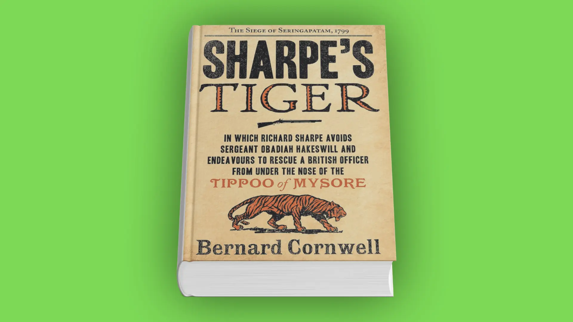 Book cover of Sharpe’s Tiger by Bernard Cornwell with an illustrated tiger on a beige background