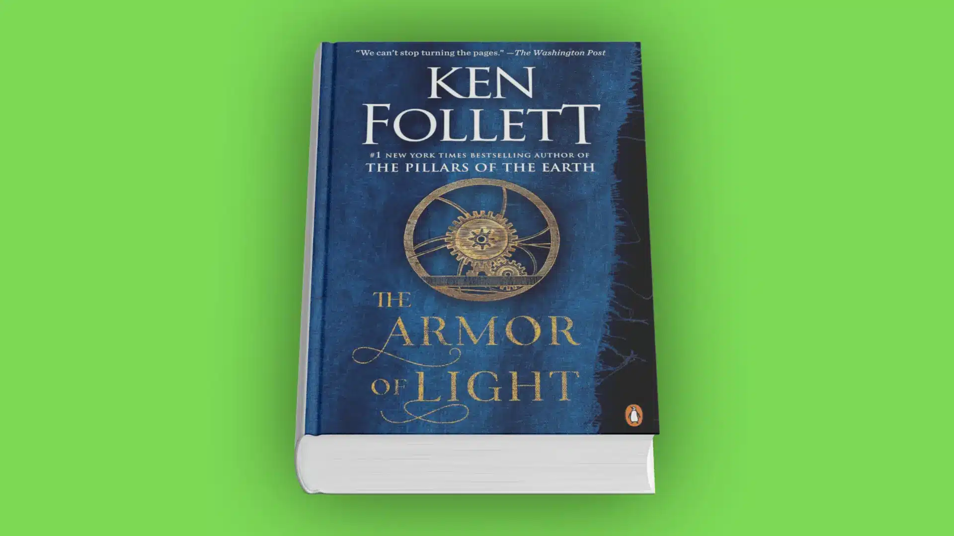 Book cover of The Armor of Light by Ken Follett with gold gear design on a blue textured background