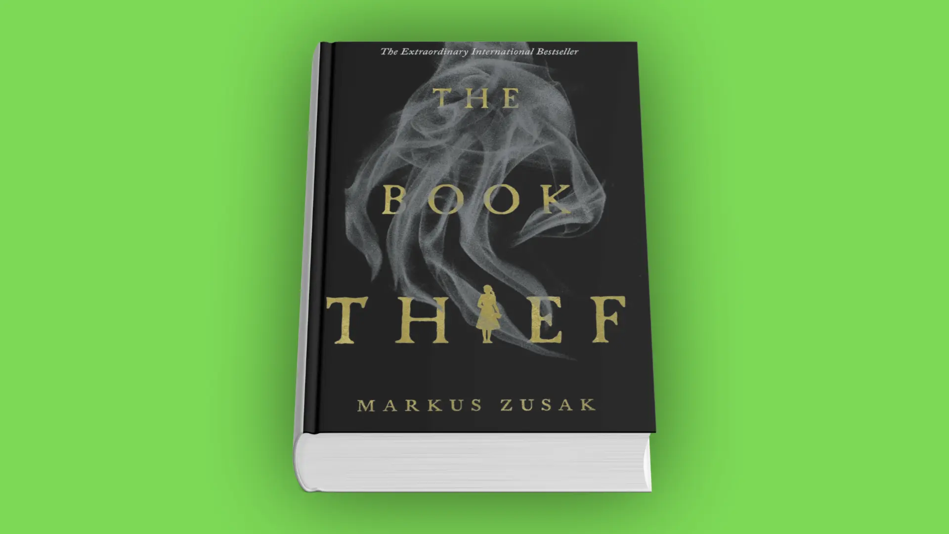Book cover of The Book Thief by Markus Zusak with black background, gold text, and a small girl silhouette beneath swirling smoke