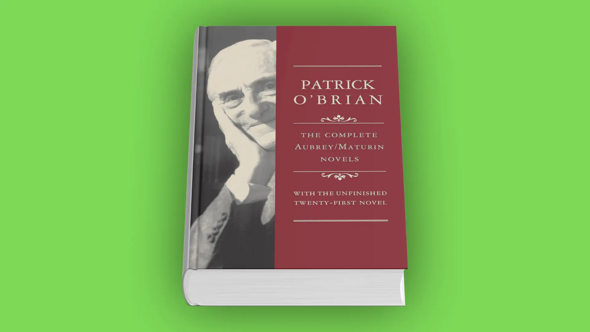 Book cover of The Complete AubreyMaturin Novels by Patrick O’Brian with author portrait and red background