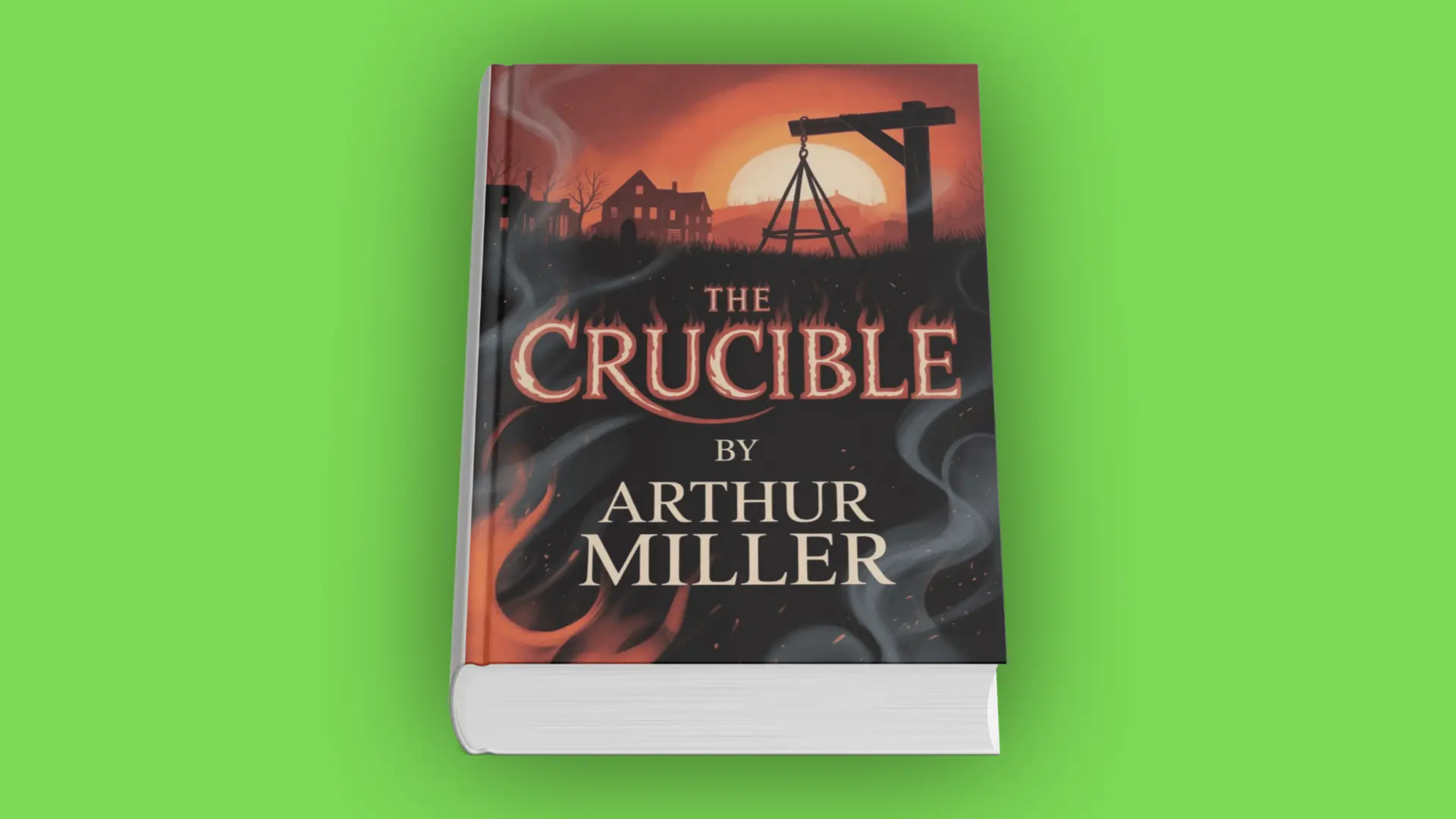 Book cover of The Crucible by Arthur Miller with gallows silhouette and fiery background