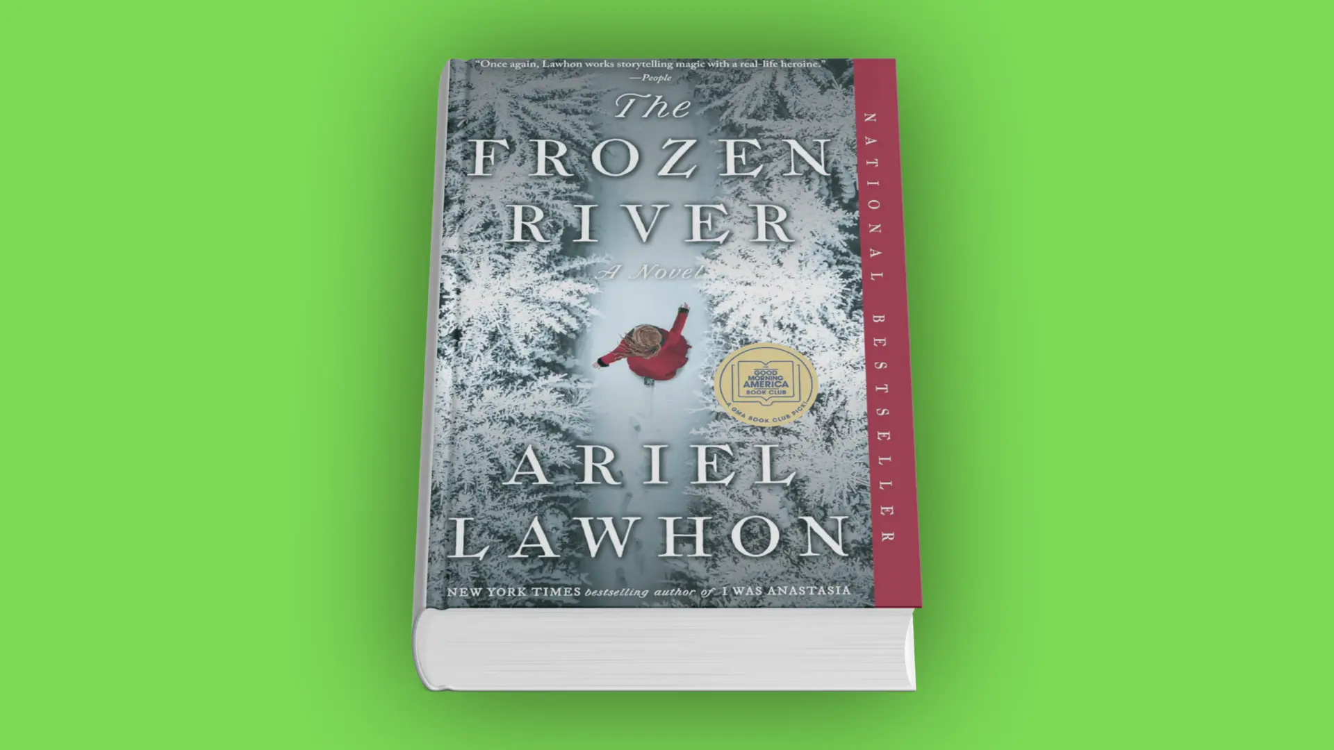 Book cover of The Frozen River by Ariel Lawhon with a woman in red walking through a snowy forest path