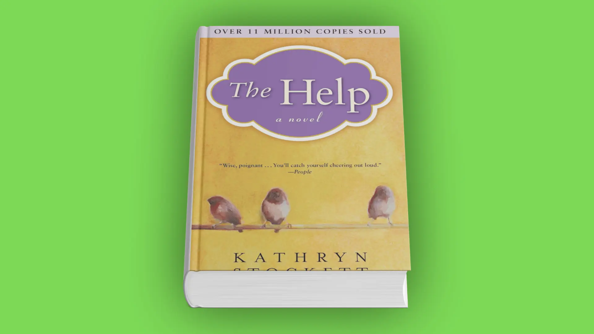 Book cover of The Help by Kathryn Stockett with purple title label and three birds perched on a branch against a yellow background