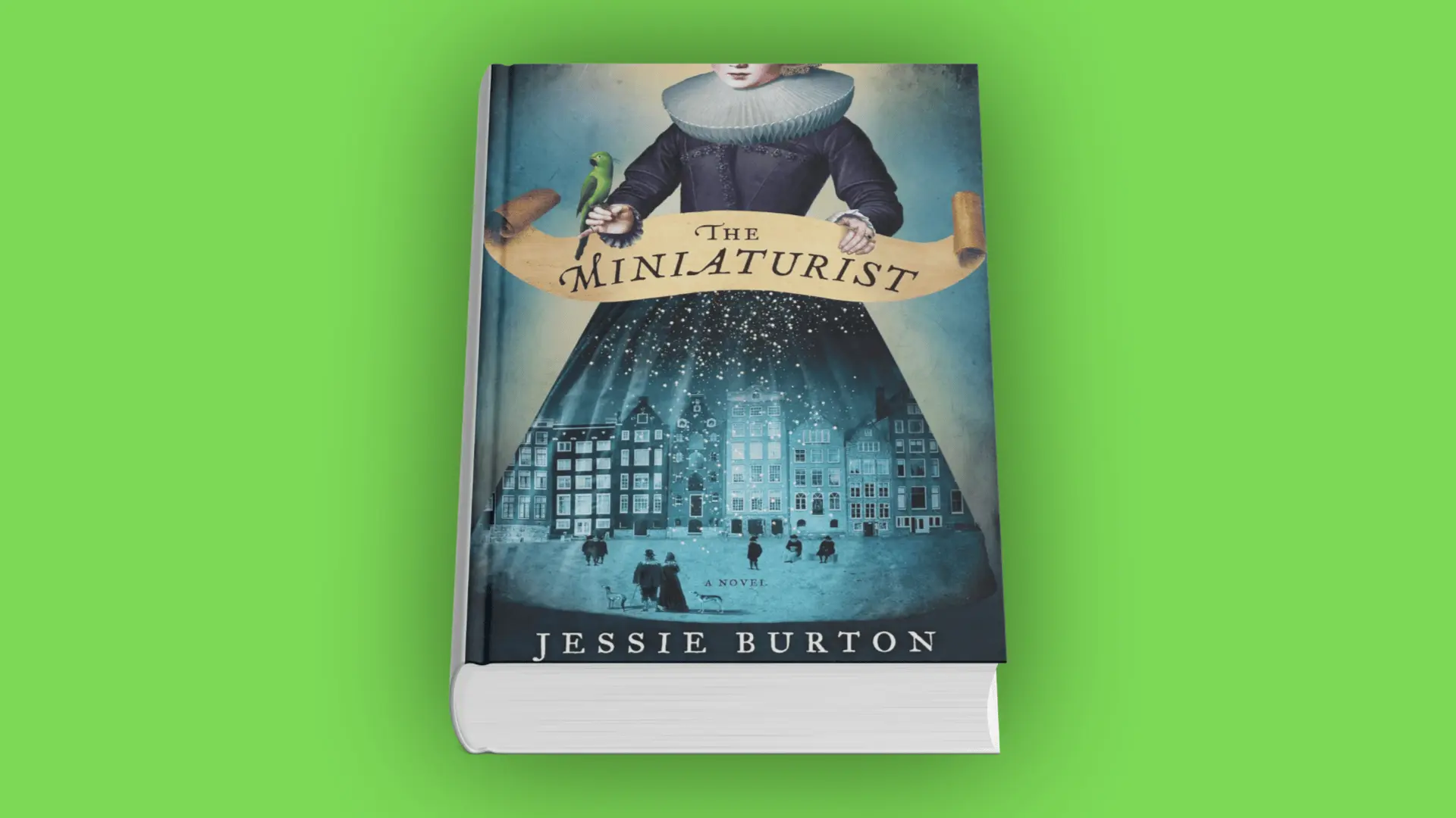 Book cover of The Miniaturist by Jessie Burton with a woman holding a scroll and a cityscape within her dress