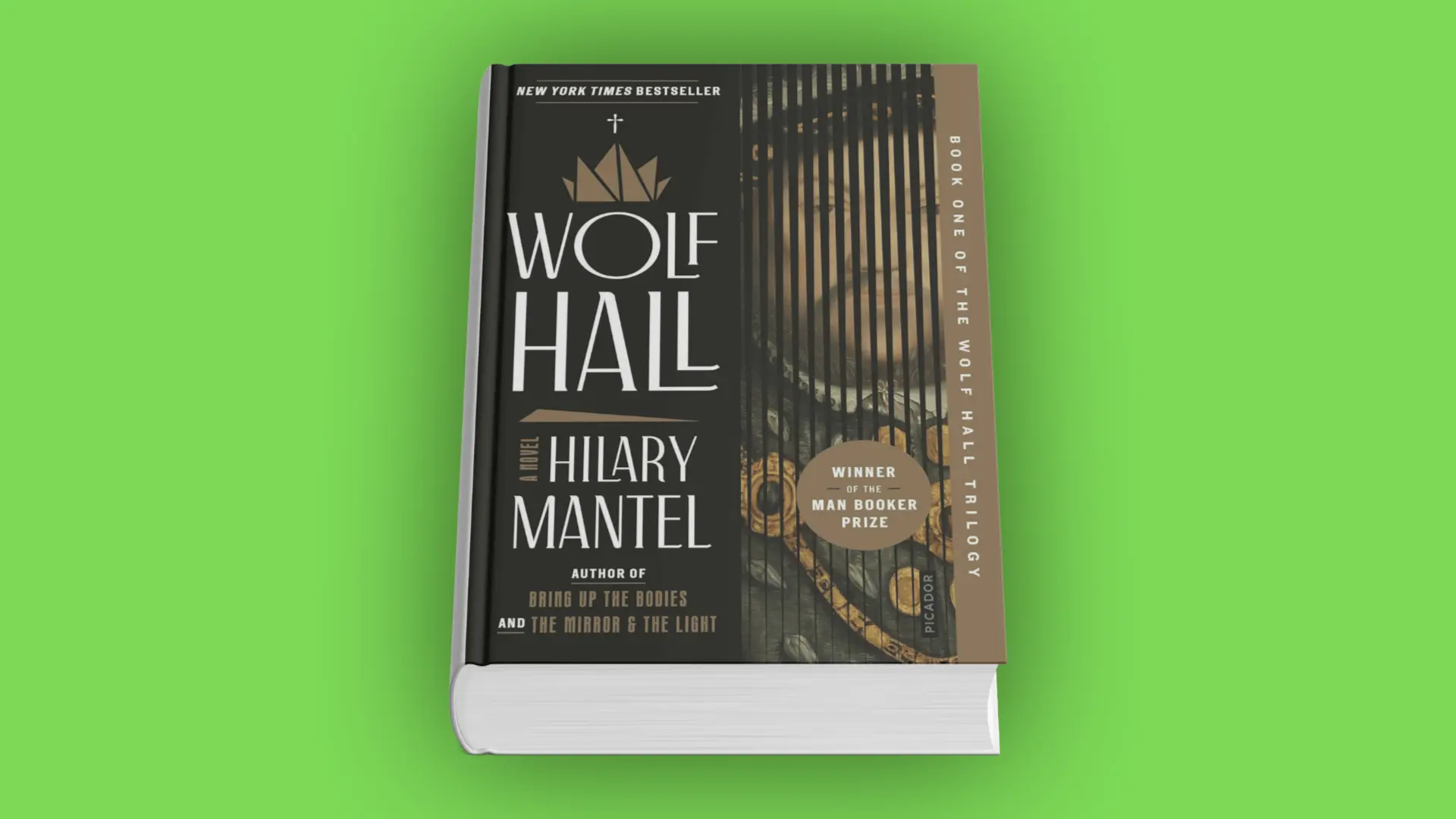 Book cover of Wolf Hall by Hilary Mantel with Tudor portrait behind black vertical bars
