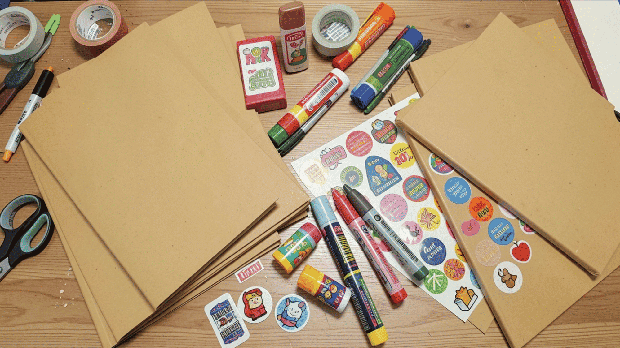 book jacket craft table with brown paper covers stickers stamps decorative tape markers and finished decorated jackets on display