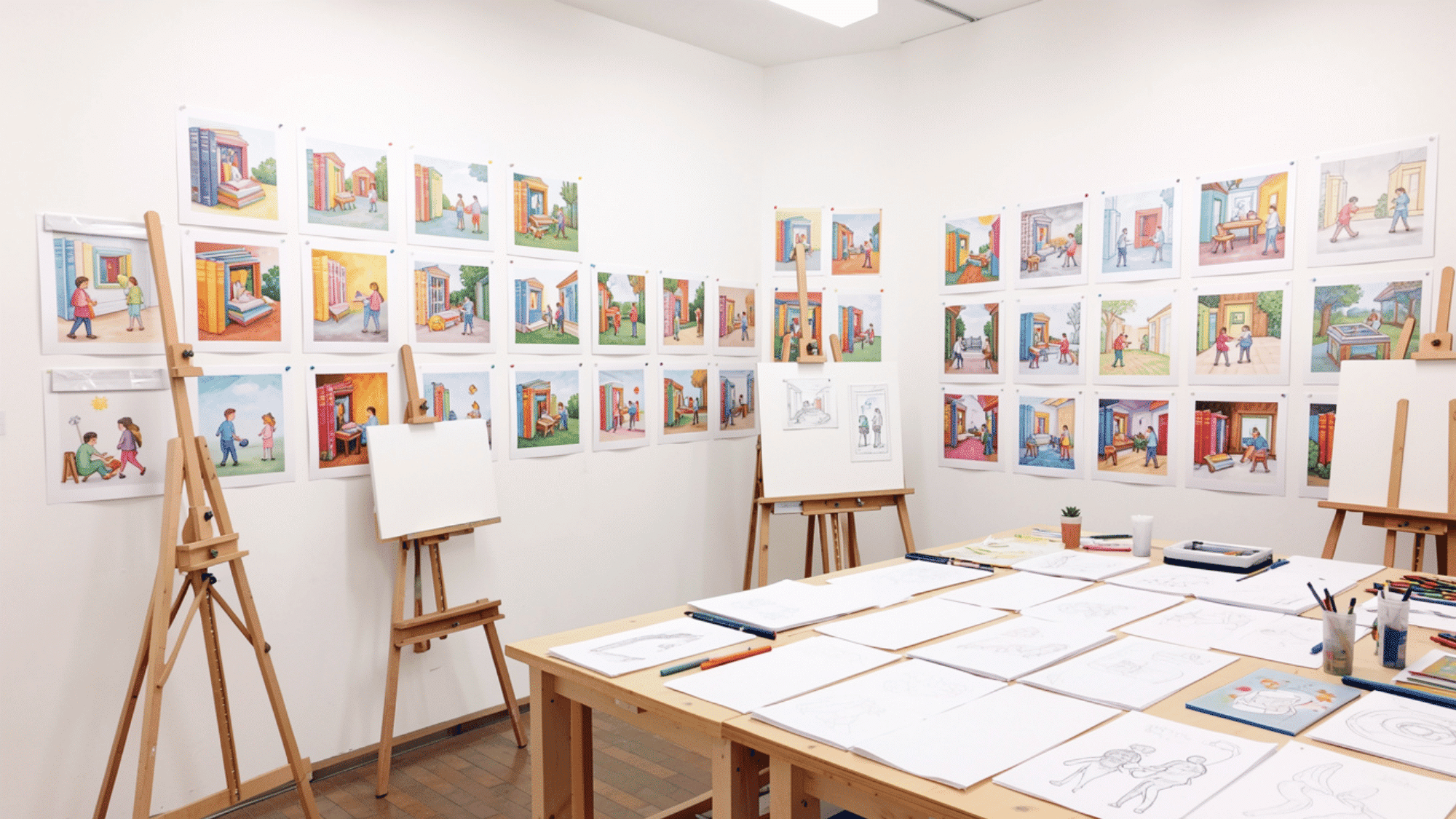 book scene illustrations displayed on walls beside easels with sketch paper paint palettes and colored pencils on a craft table