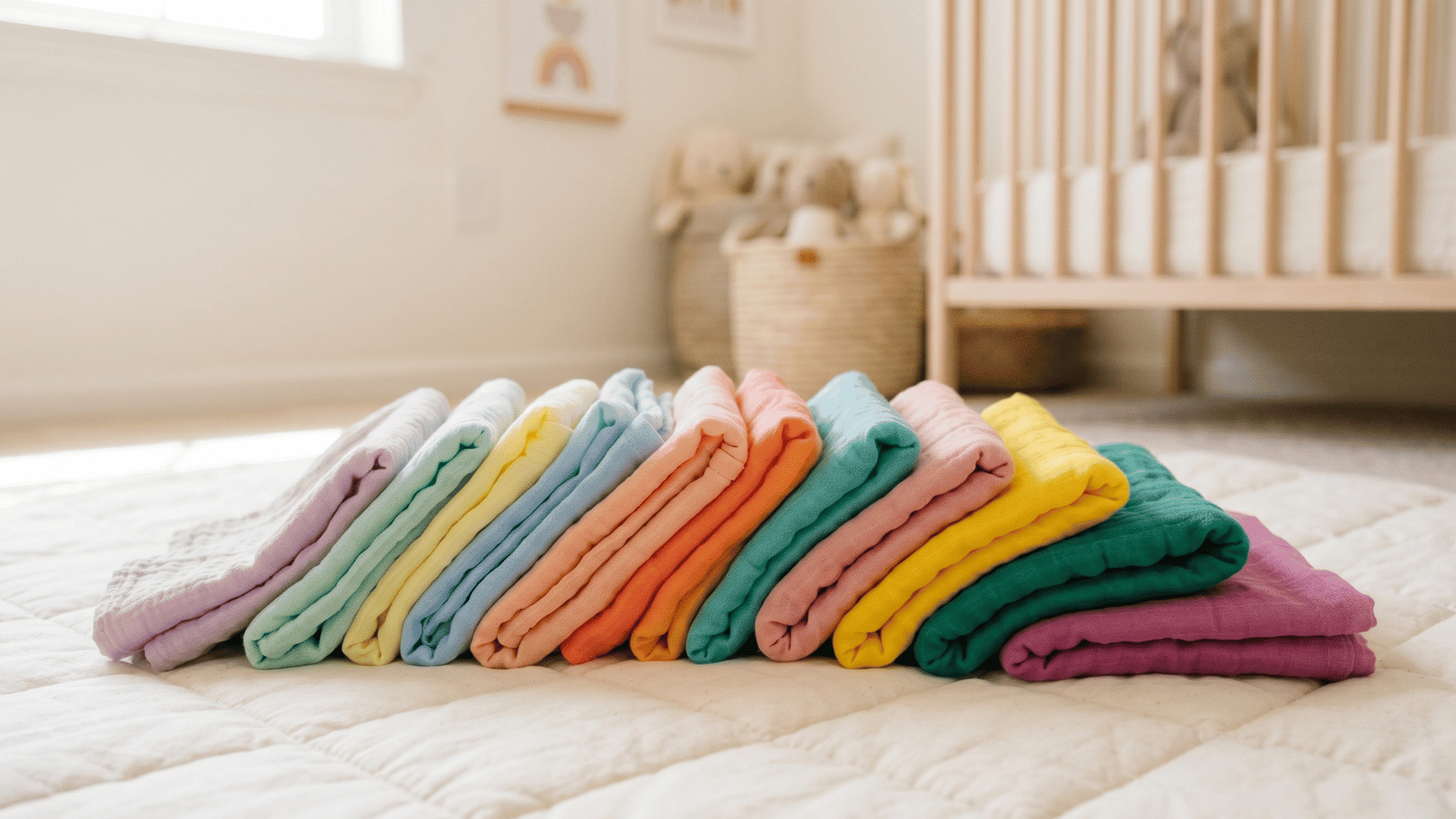 bright colorful scarves layered neatly on a soft nursery play mat