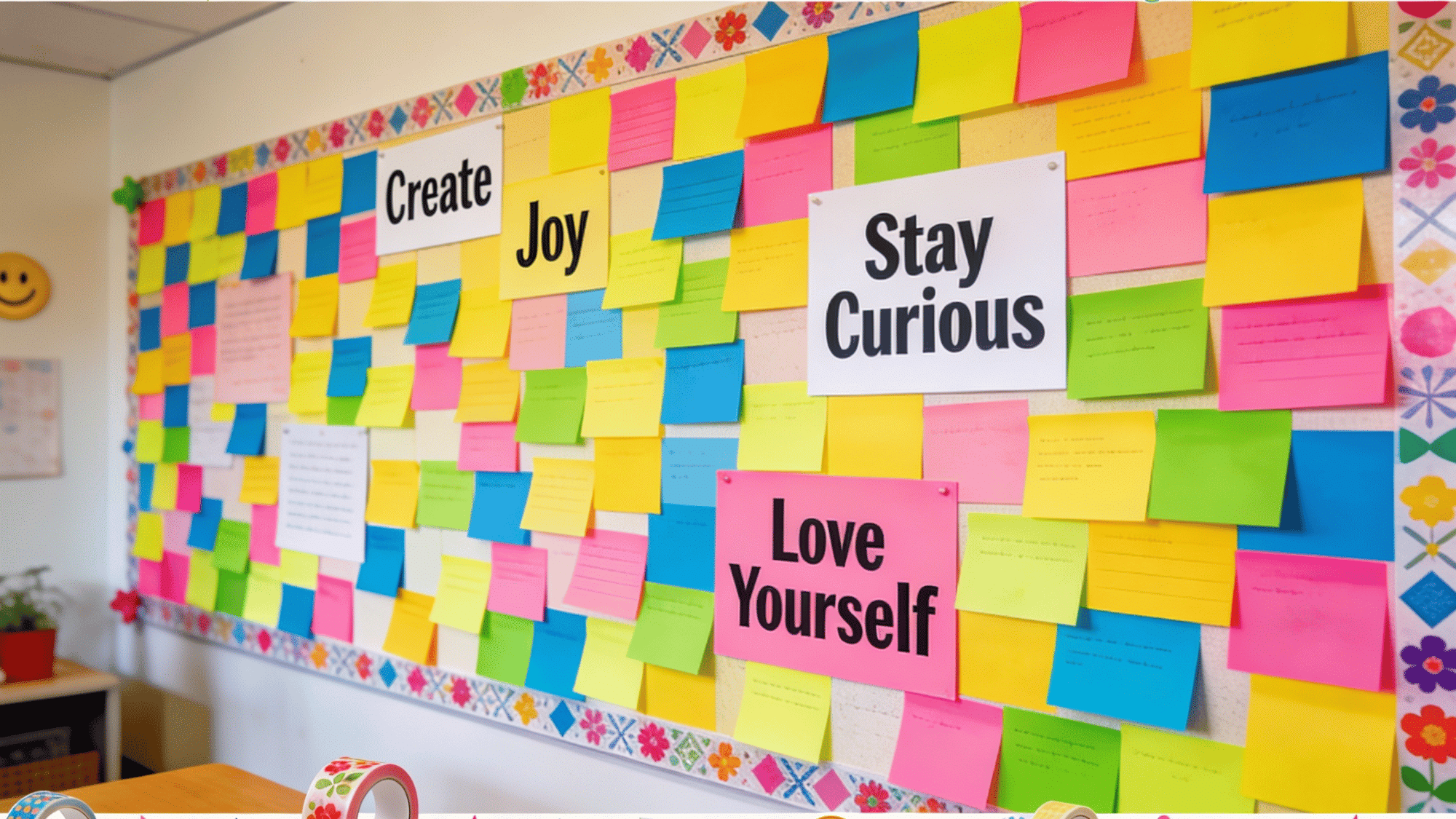 bright wall collage of colorful sticky note book quotes and printed cards decorated with stickers and tape borders