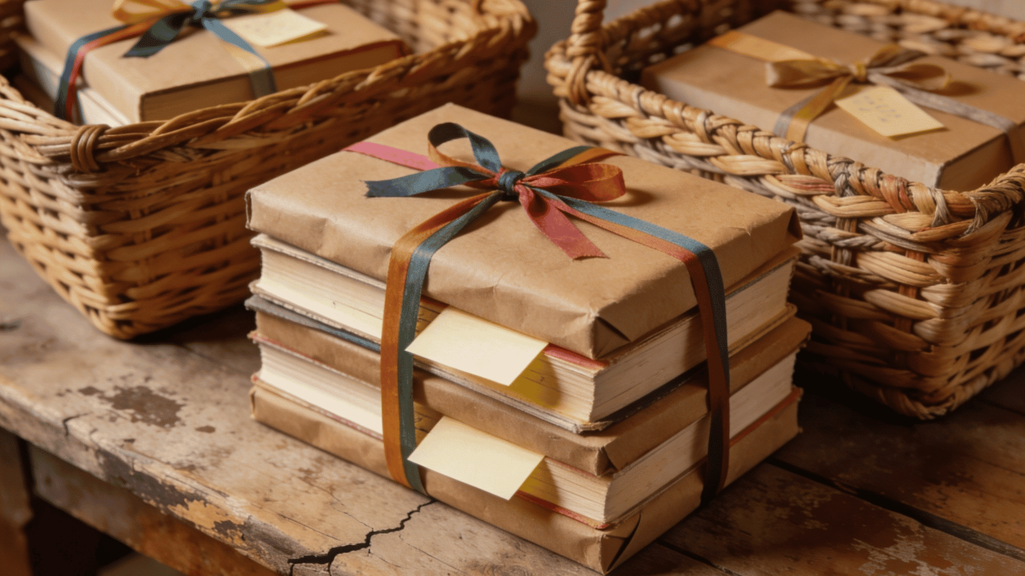 brown paper wrapped mystery books with ribbons and sticky note clues arranged in wicker baskets on a rustic wooden table