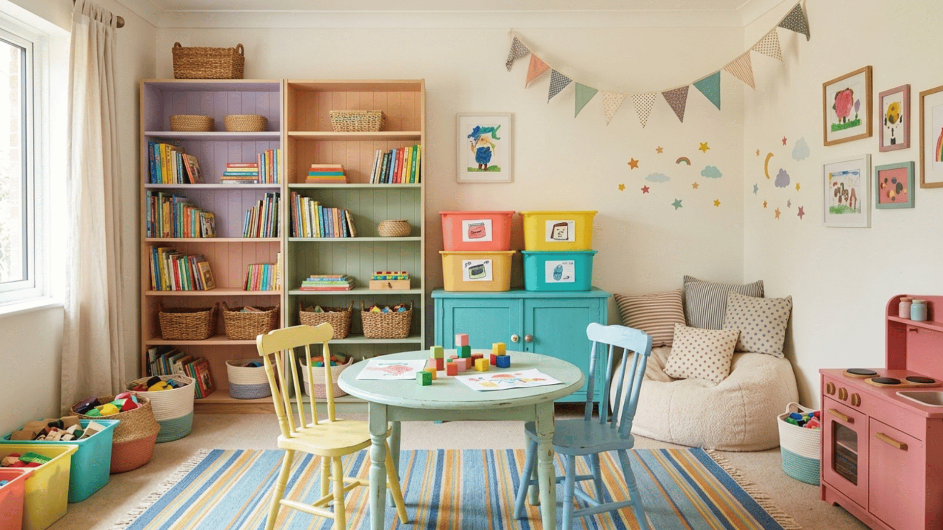 budget-friendly playroom with painted thrifted furniture, pastel shelves, and colorful storage cabinets