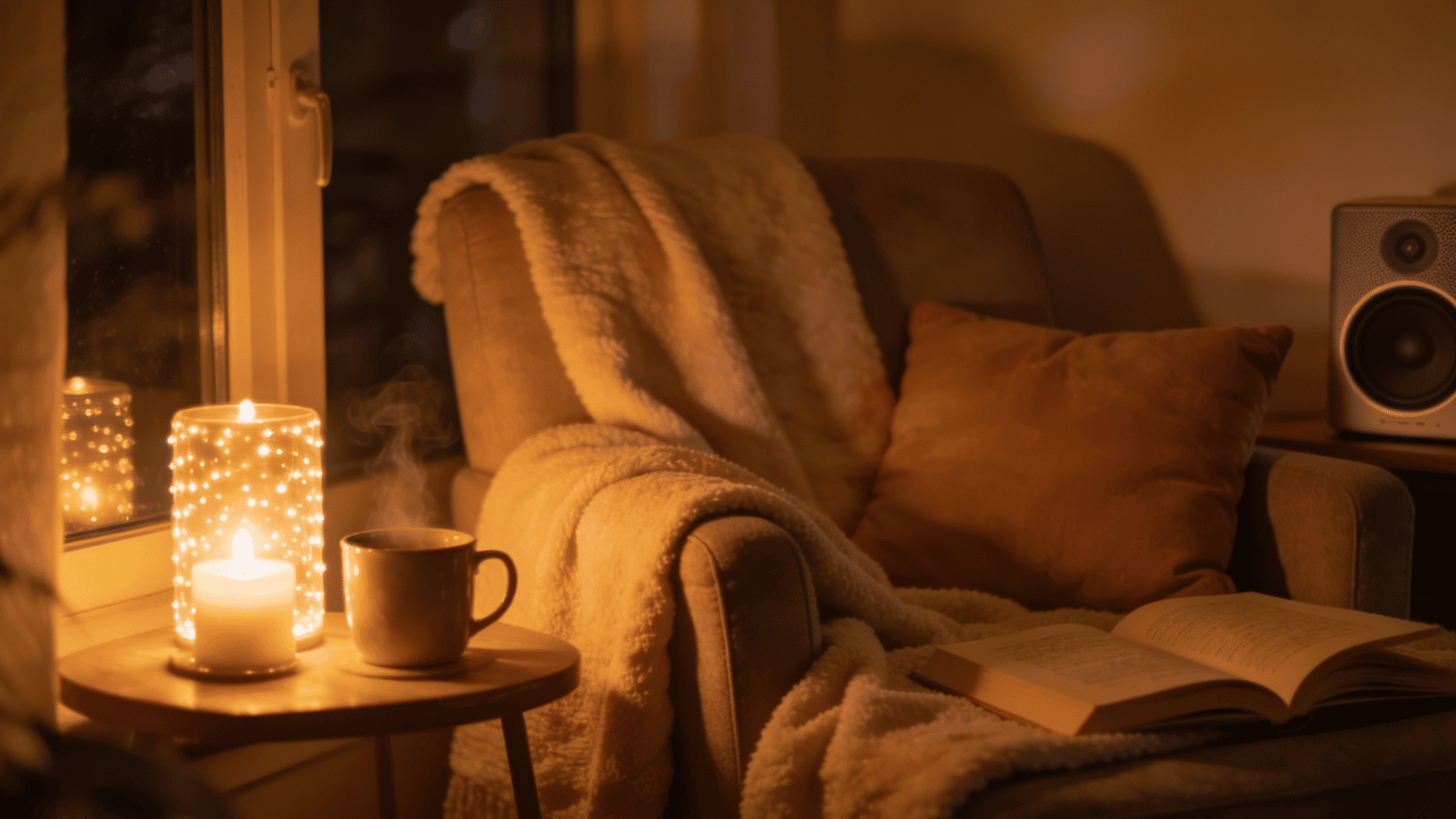 candlelit cozy reading nook with glowing candles soft blankets cushions open books and steaming warm drinks on a side table