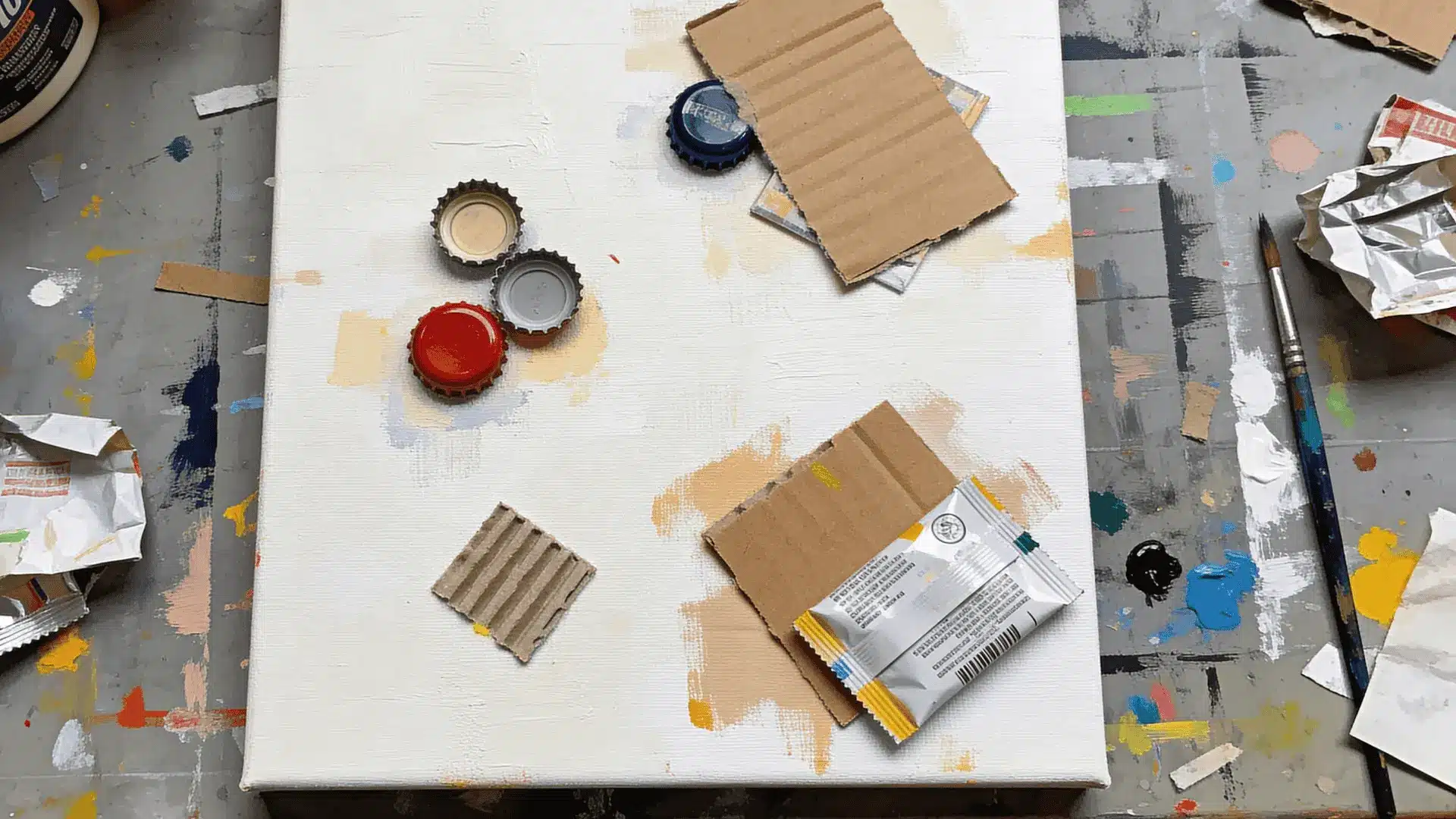 Canvas with attached recycled items like bottle caps and cardboard pieces partially covered with paint on a workspace.