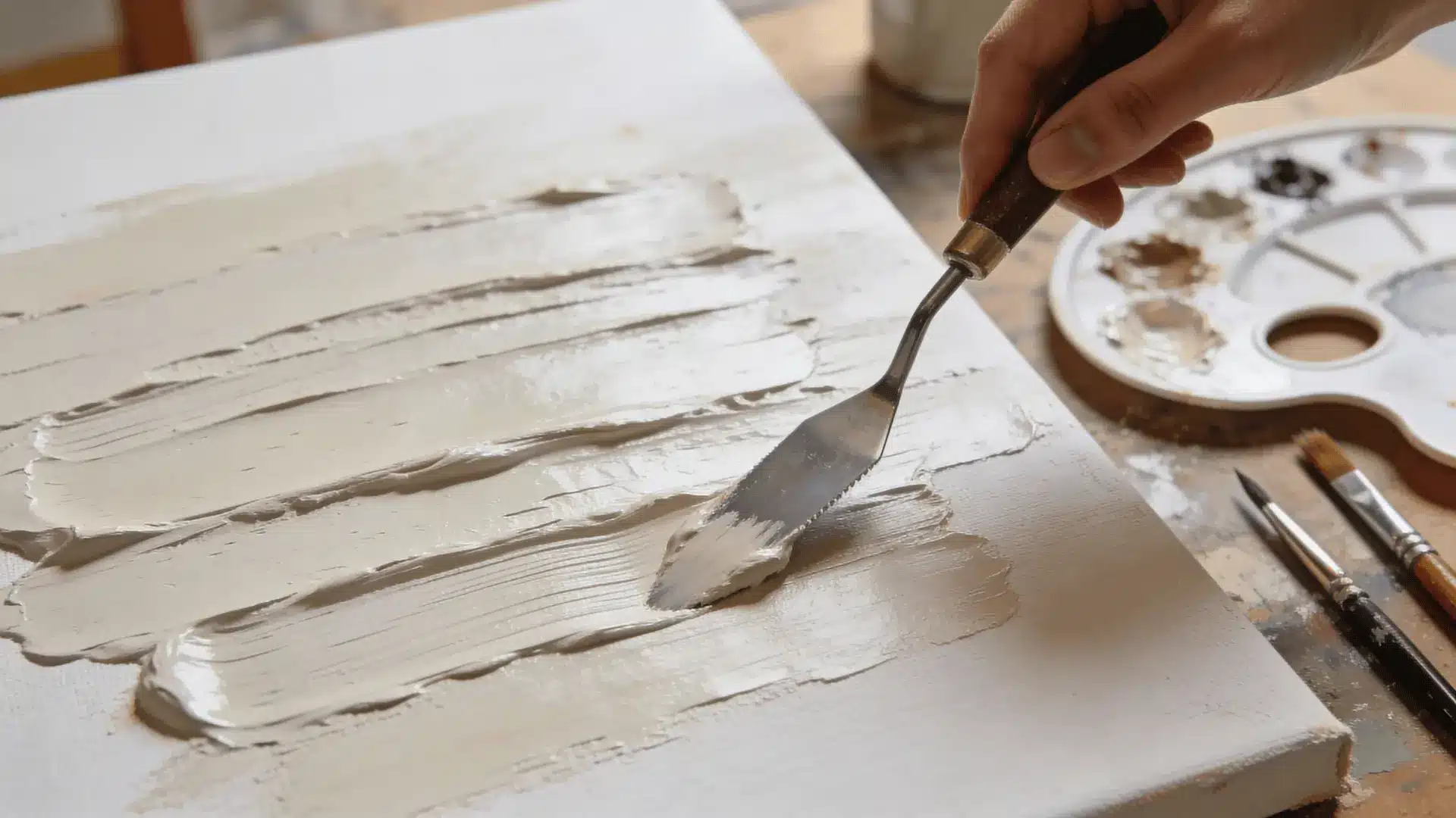 Canvas with layered acrylic paint applied using a palette knife showing visible texture and directional strokes