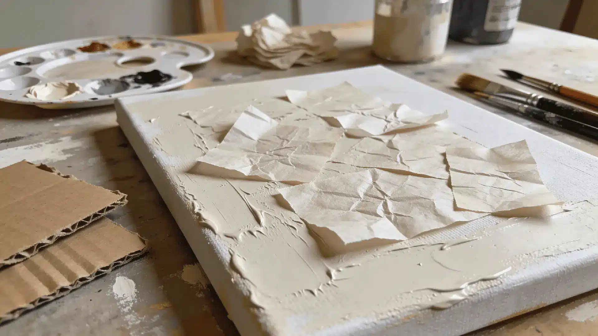 Canvas with thick acrylic paint and raised texture created using pressed materials on an art workspace