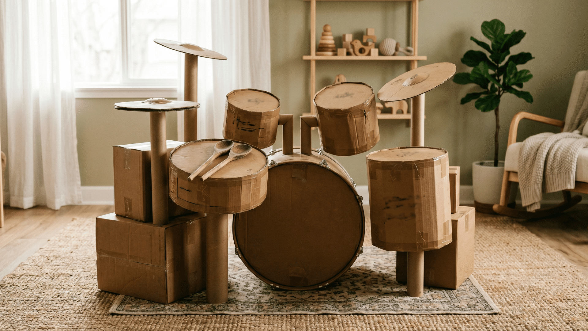 cardboard box drum setup with wooden spoons on a soft play mat (1)
