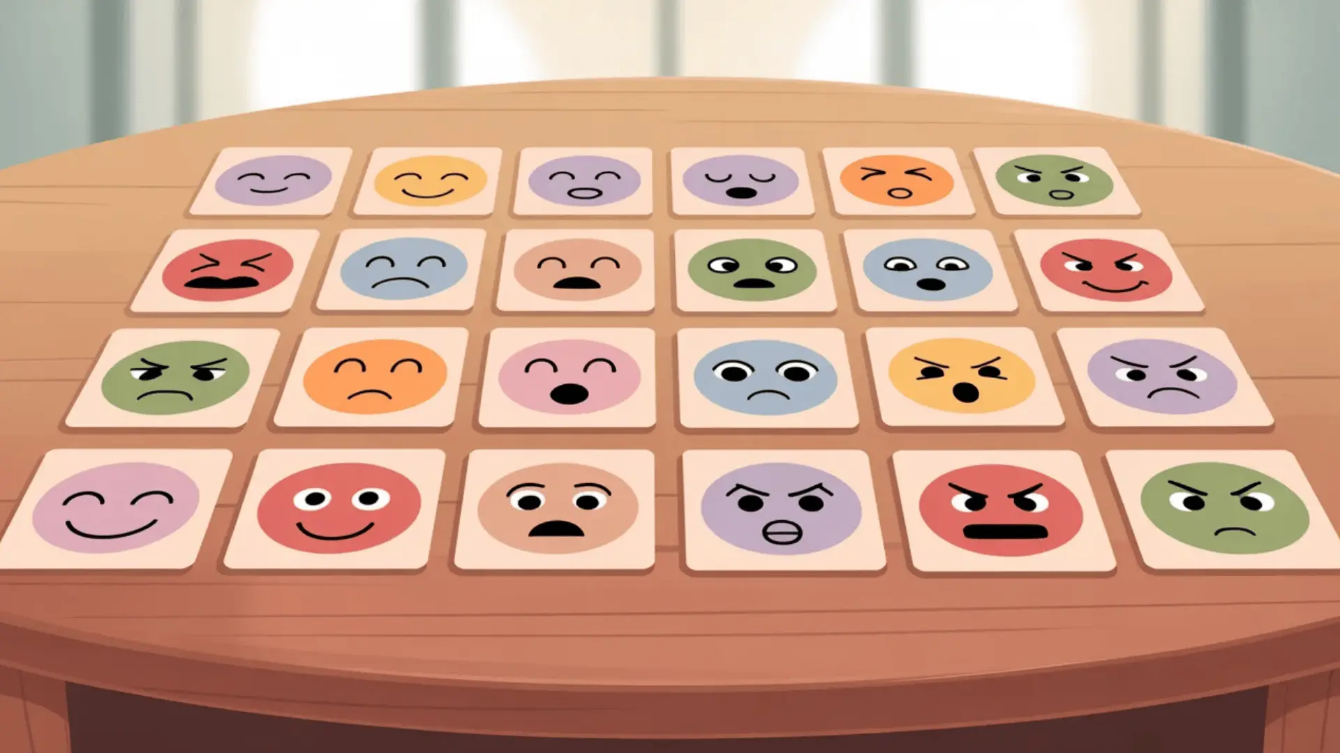_Cards with different facial expressions arranged in rows on a table
