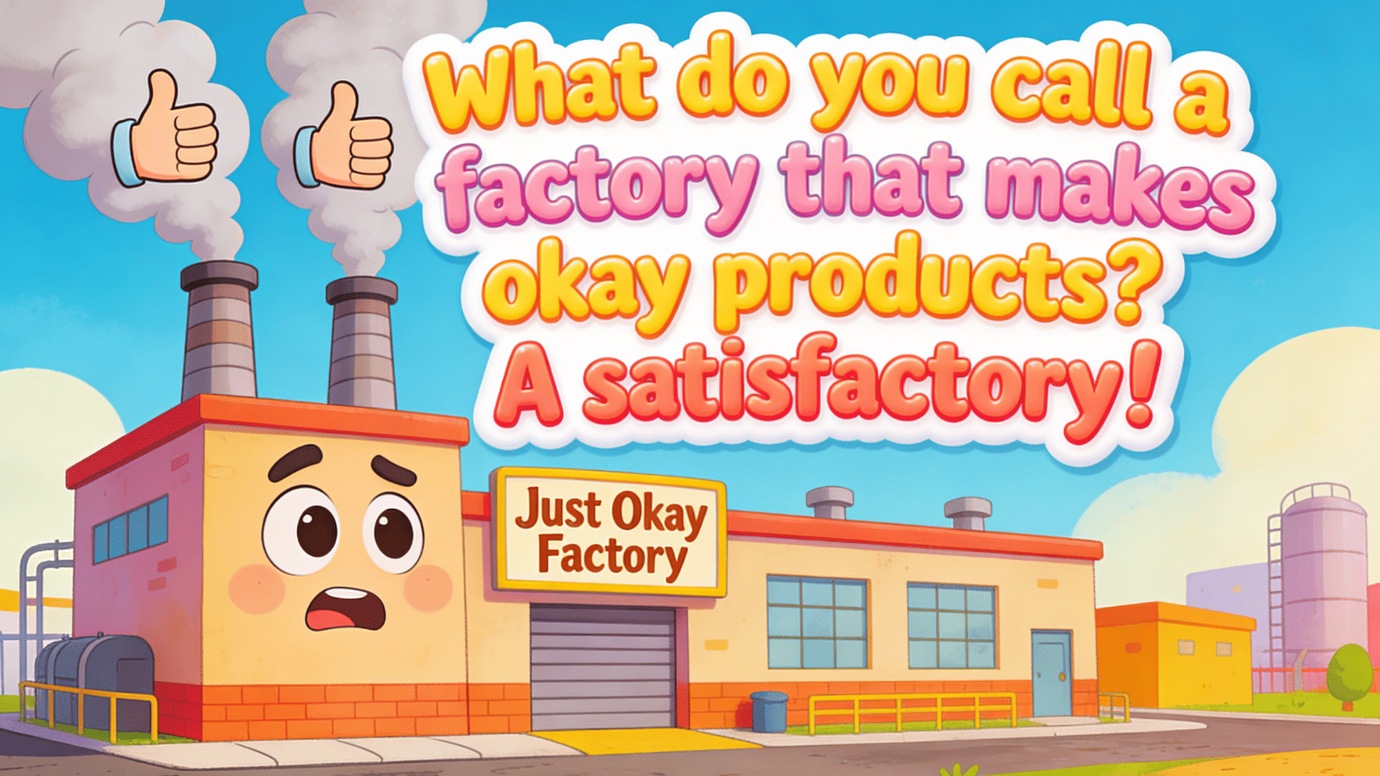 cartoon factory building with satisfactory pun joke and smiling industrial characters