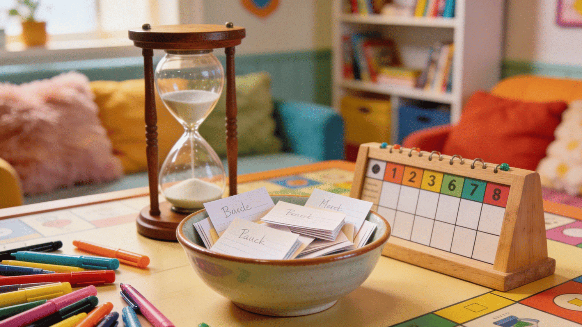 charades game table with ceramic bowl of name cards timer scoreboard and small props in a cozy bright living room setting