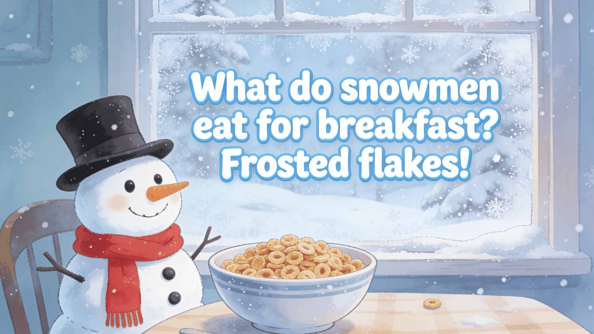 cheerful snowman eating cereal by snowy window with frosted flakes winter joke